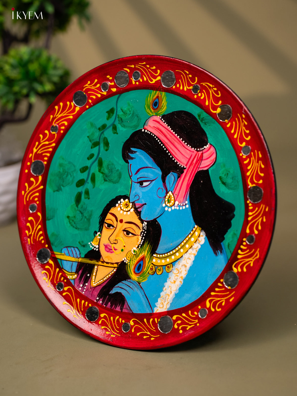 Wooden Hand painted Wall hanging plate - Radha Krishna with small Mirror Green- KC22133