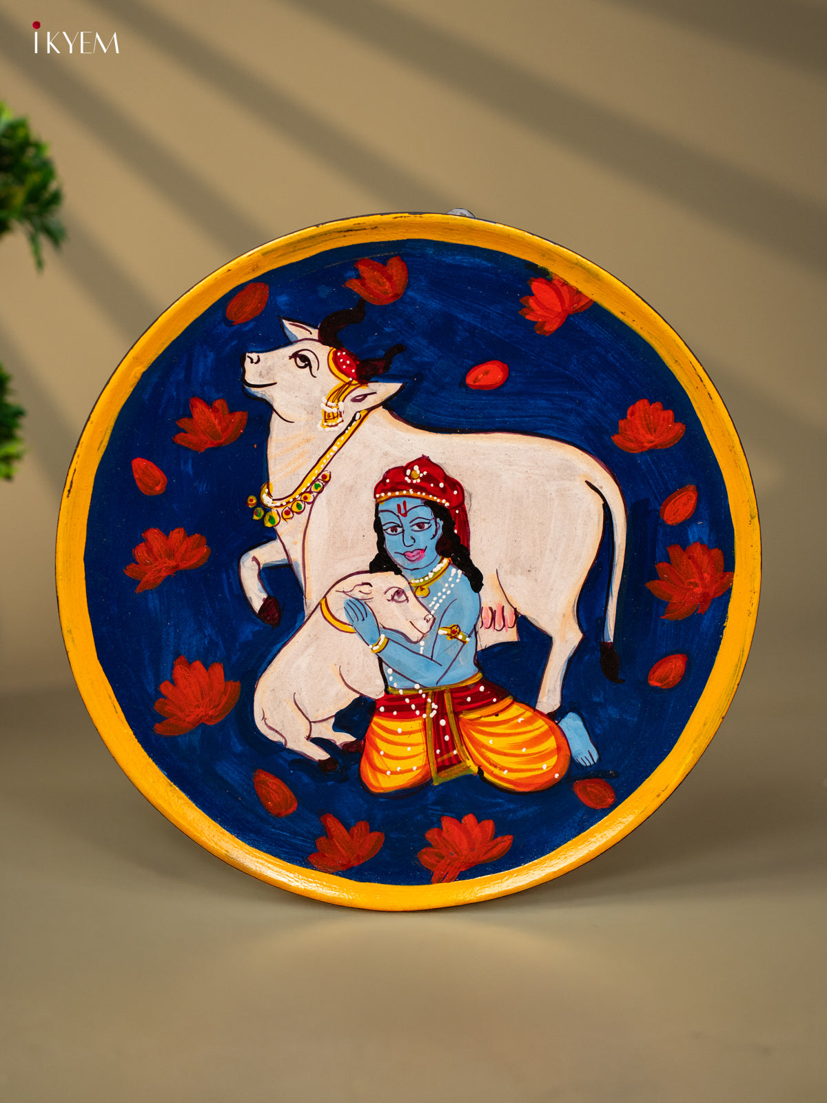 Wooden Hand painted Wall hanging plate - Cow Krishna Navy blue- KC22134