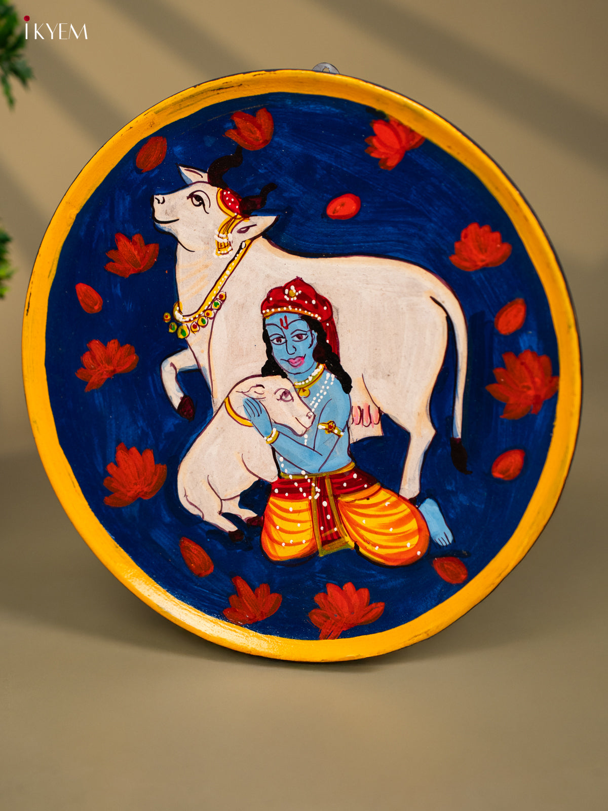 Wooden Hand painted Wall hanging plate - Cow Krishna Navy blue- KC22134