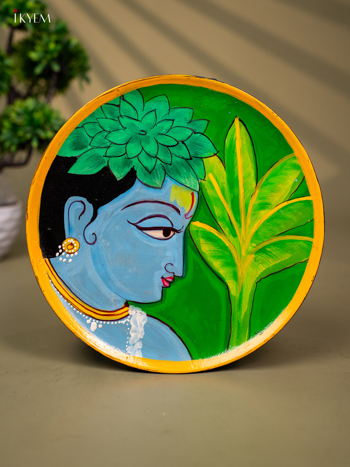 Wooden Hand painted Wall hanging plate - Krishna Green- KC22135