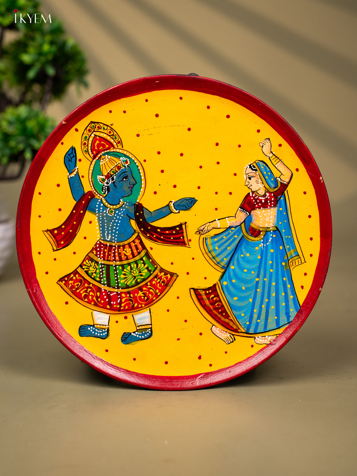 Wooden Hand painted Wall hanging plate - Radha Krishna Yellow-KC22140