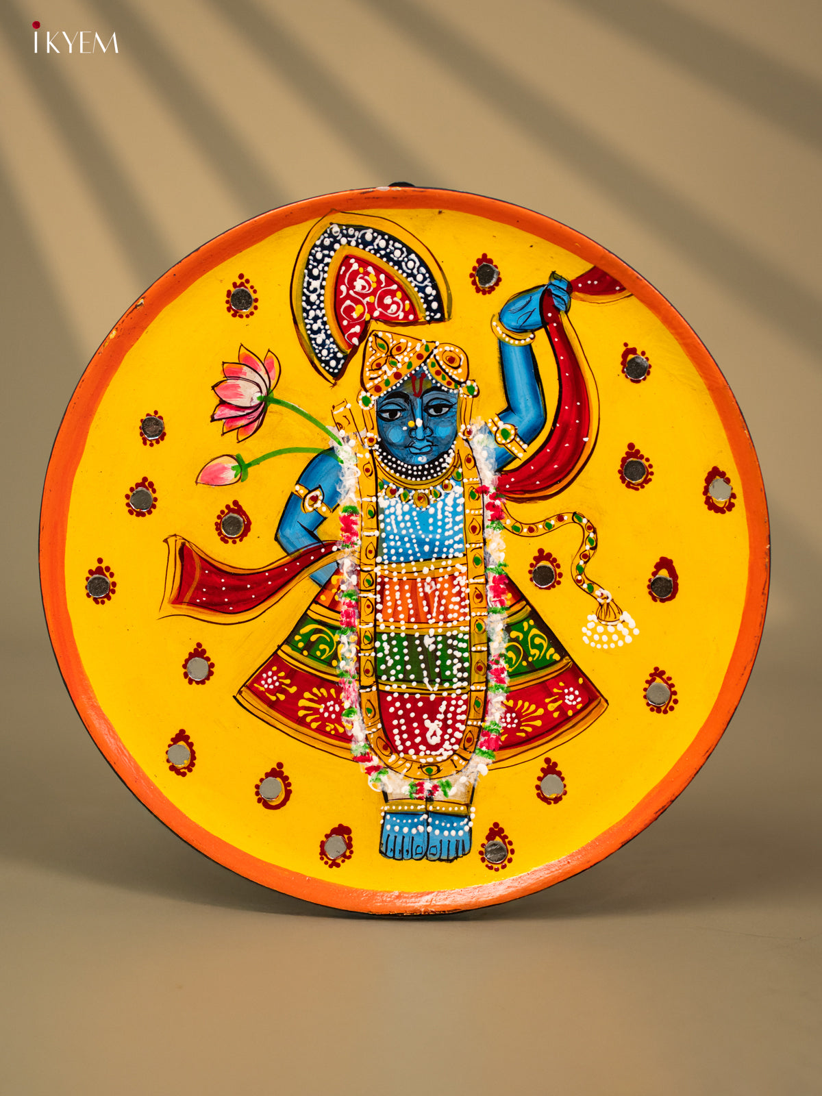 Wooden Hand painted Wall hanging Plate - Shrinathji with small Mirror -KC22141