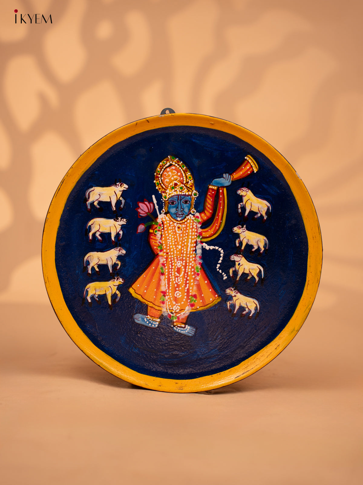 Wooden Hand painted Wall hanging plates - Shreenath Ji & cow navy blue-KC22143