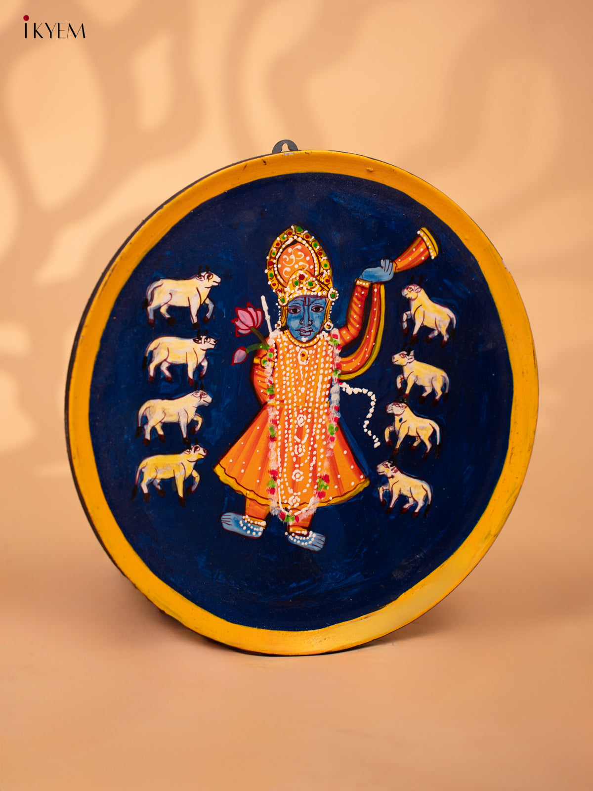 Wooden Hand painted Wall hanging plates - Shreenath Ji & cow navy blue-KC22143