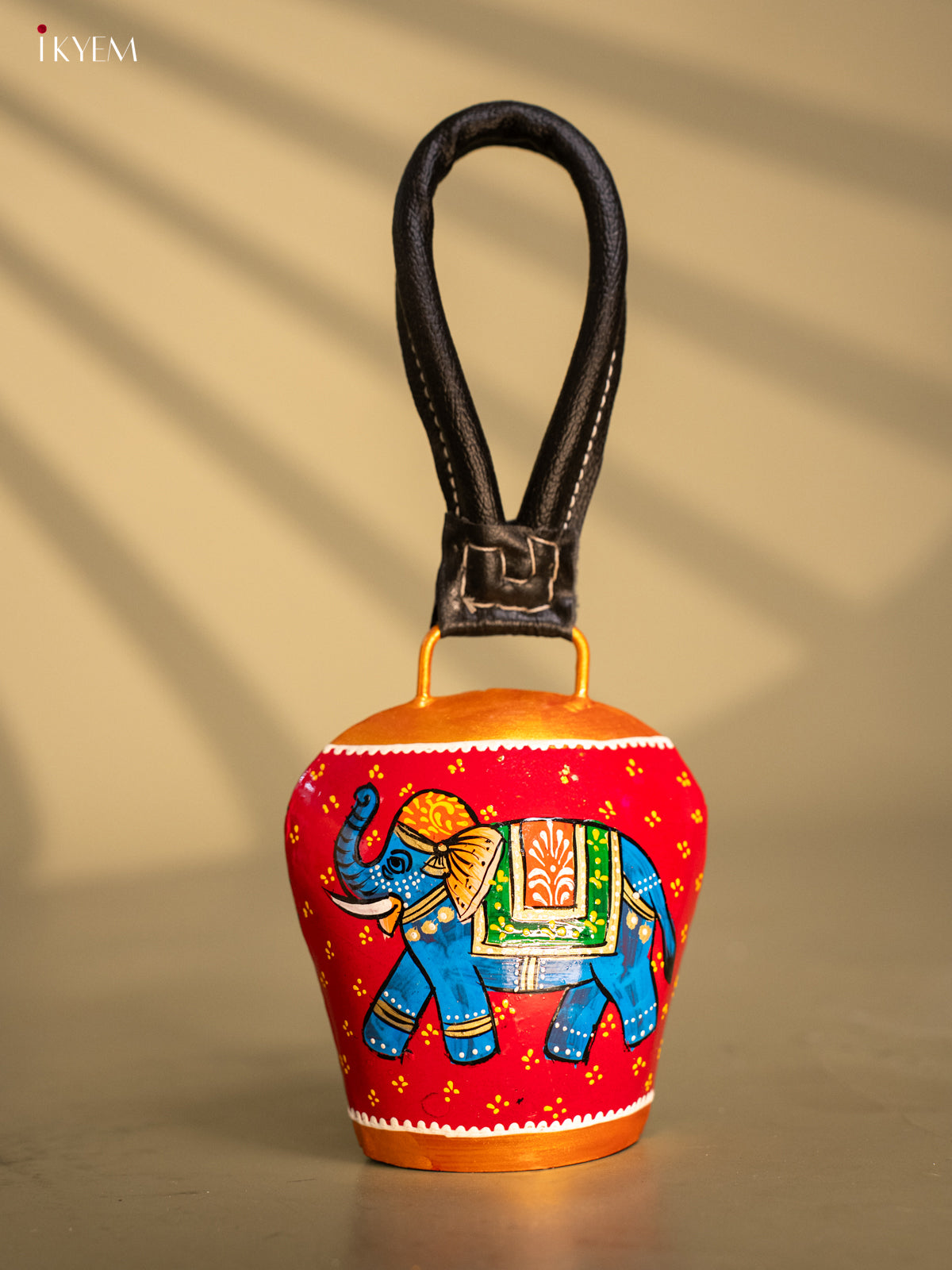 Hand Painted Cow Bell with Leather Handle Small - Elephant - KC26114
