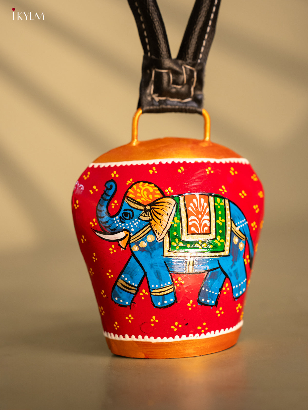Hand Painted Cow Bell with Leather Handle Small - Elephant - KC26114