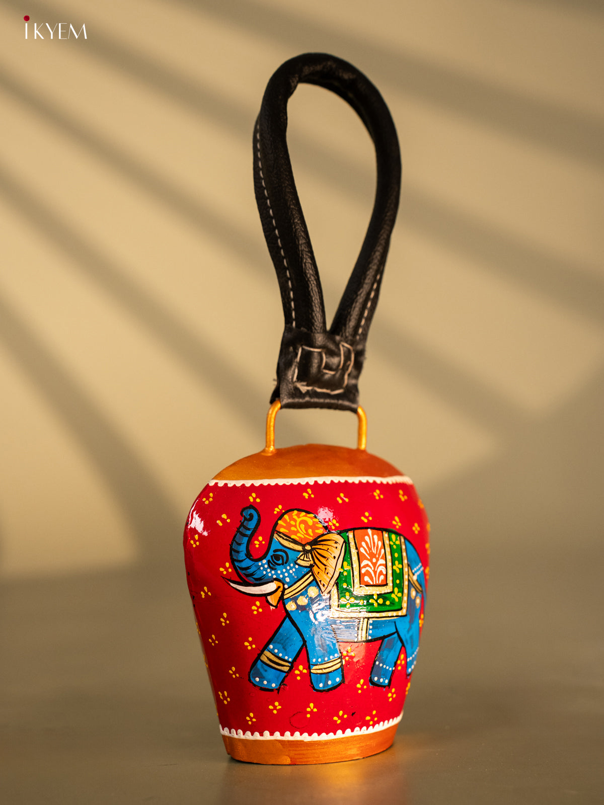 Hand Painted Cow Bell with Leather Handle Small - Elephant - KC26114