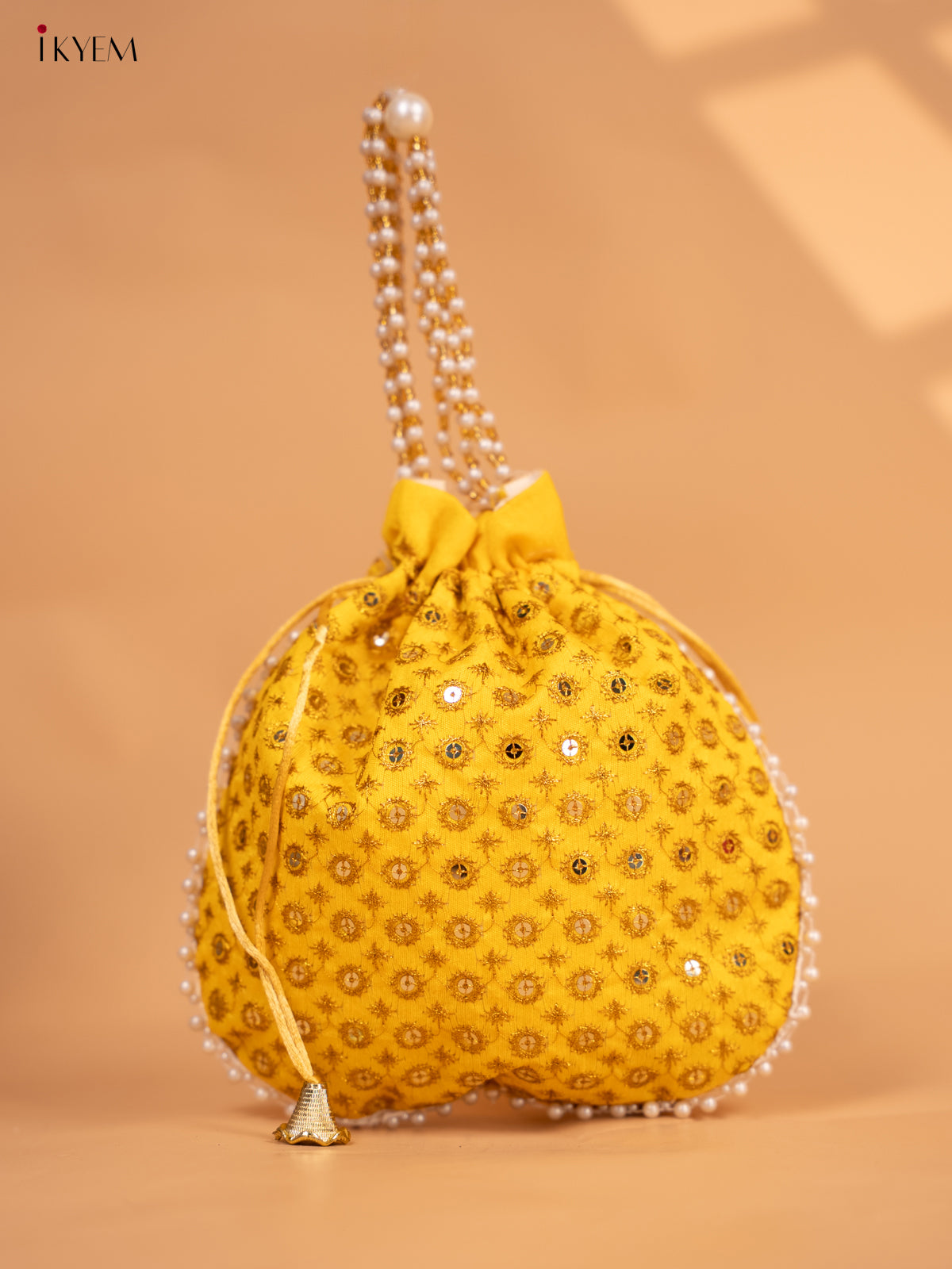 Potli bag with gold Zari work and Beaded Handle - KC29127