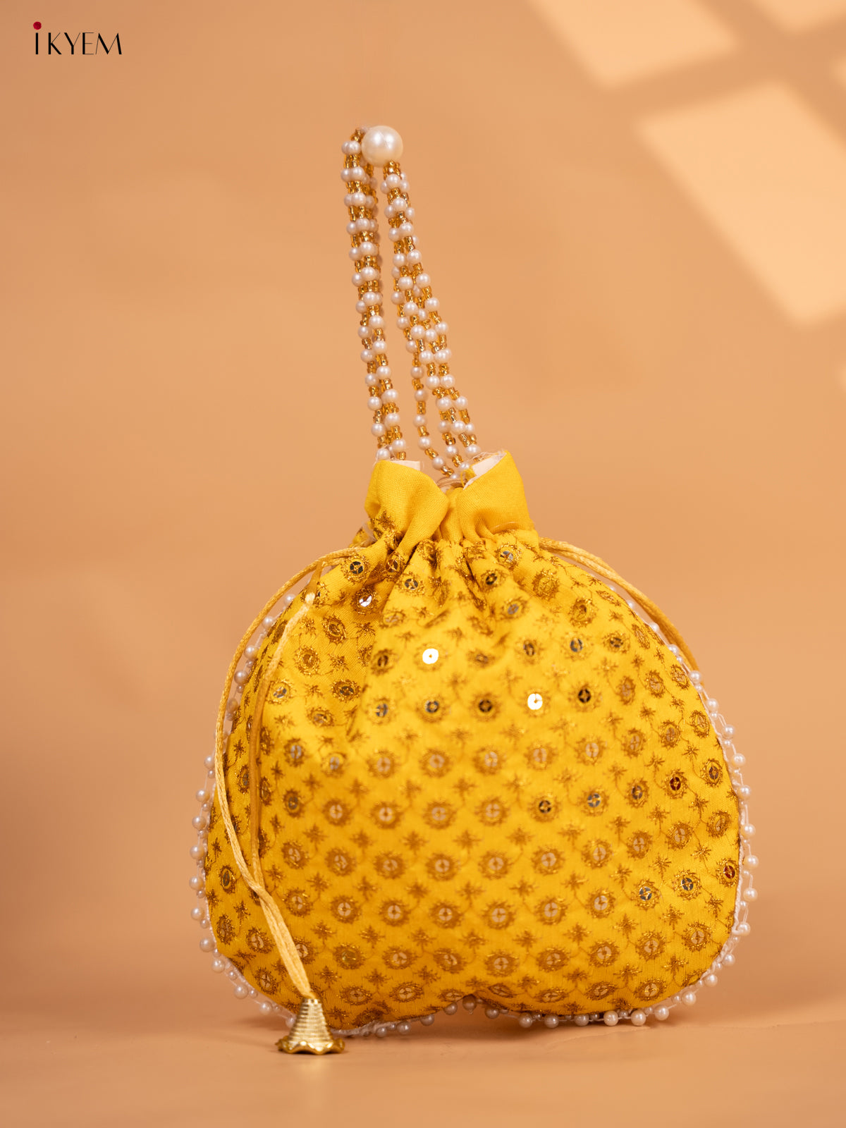 Potli bag with gold Zari work and Beaded Handle - KC29127