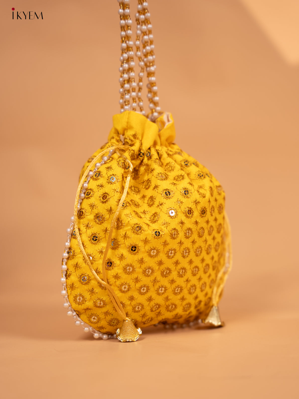 Potli bag with gold Zari work and Beaded Handle - KC29127