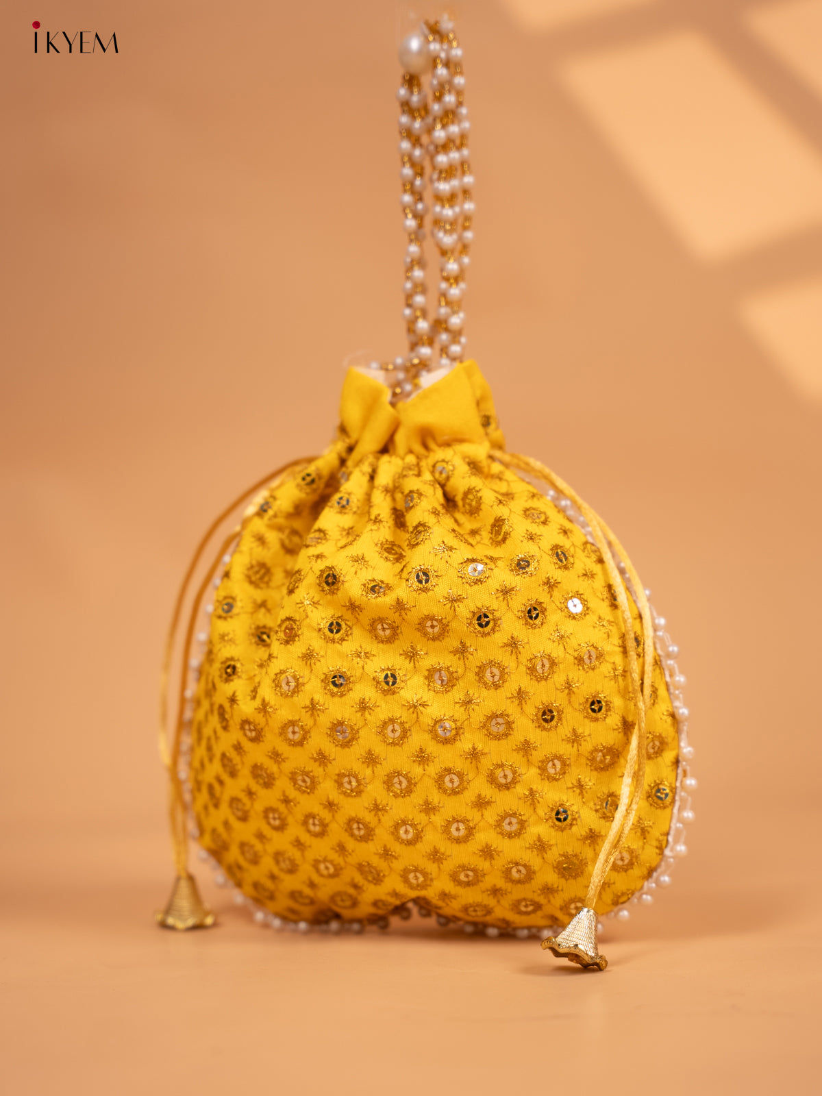 Potli bag with gold Zari work and Beaded Handle - KC29127