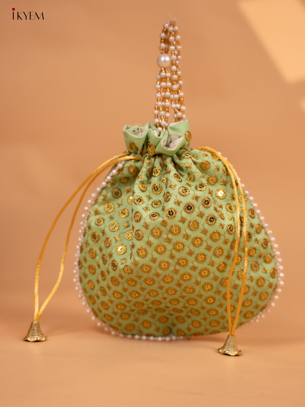 Potli bag with gold Zari work and Beaded Handle - KC29127
