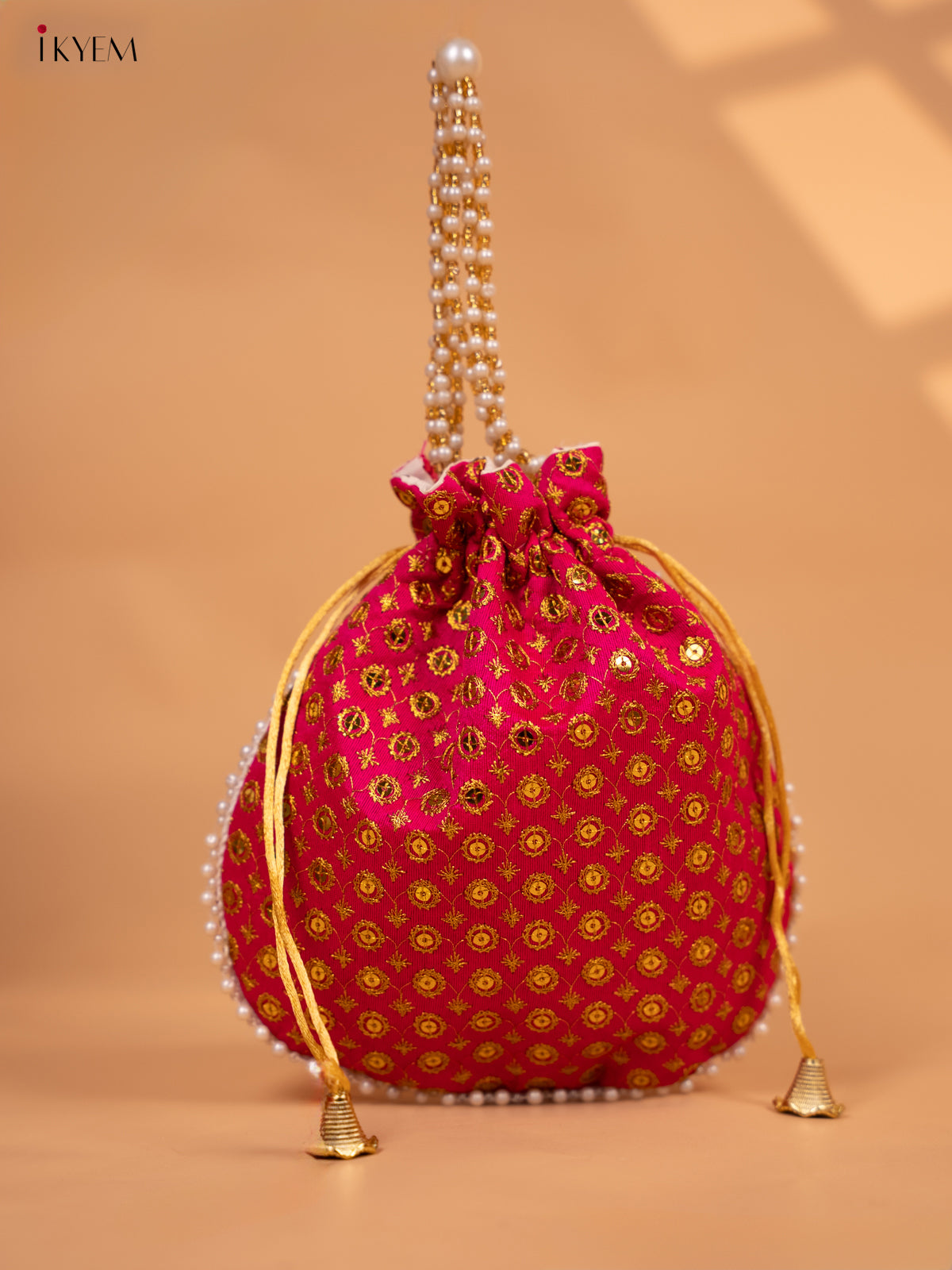 Potli bag with gold Zari work and Beaded Handle - KC29127