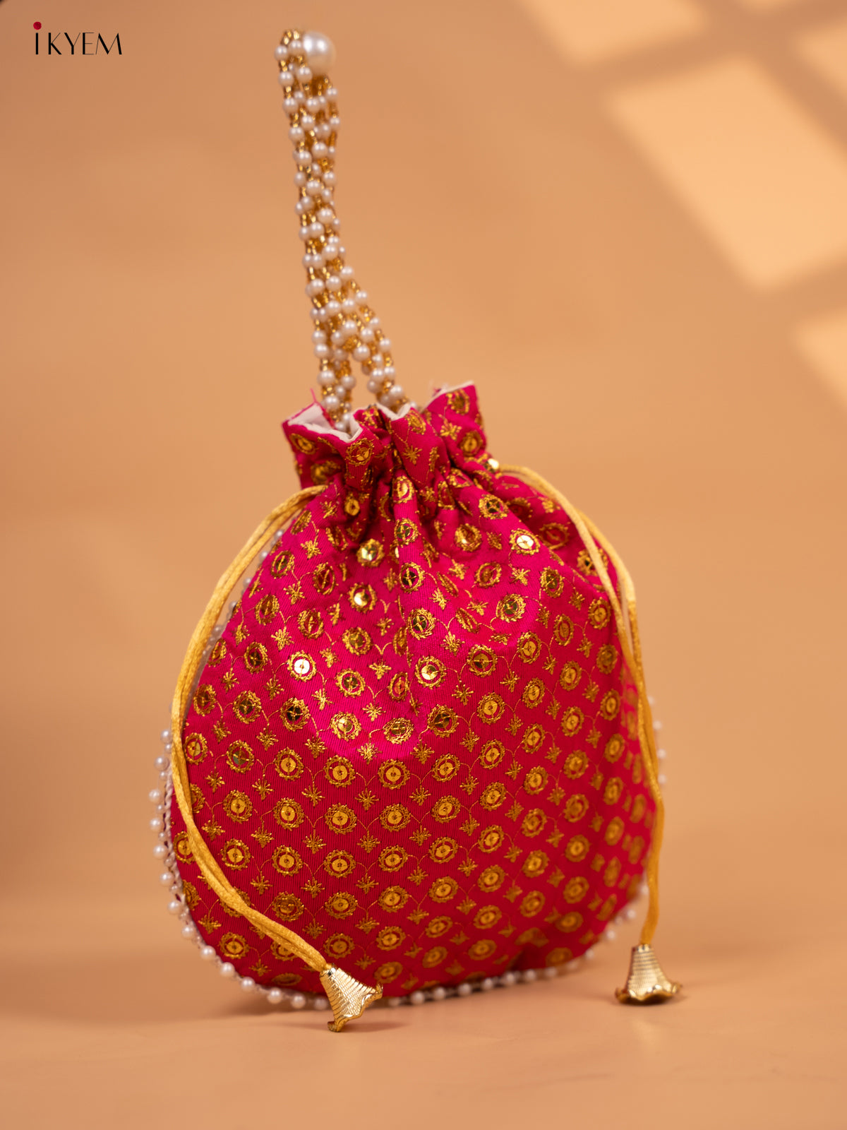 Potli bag with gold Zari work and Beaded Handle - KC29127
