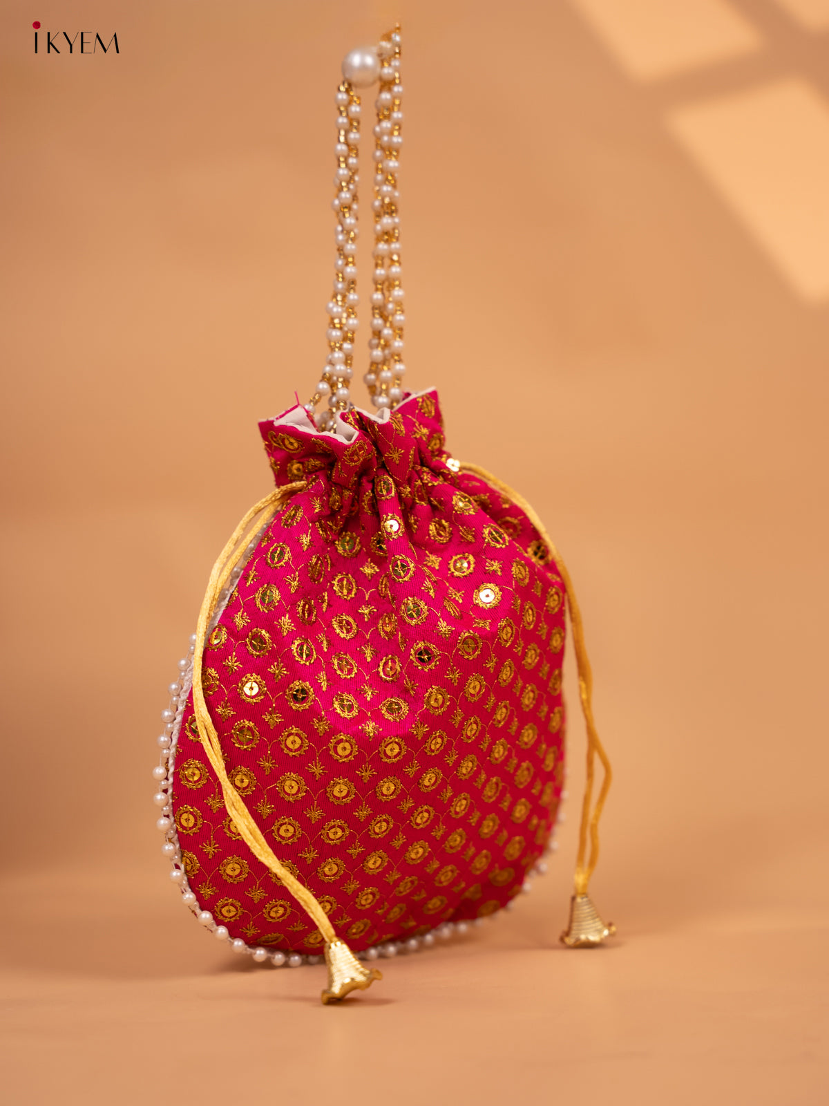 Potli bag with gold Zari work and Beaded Handle - KC29127