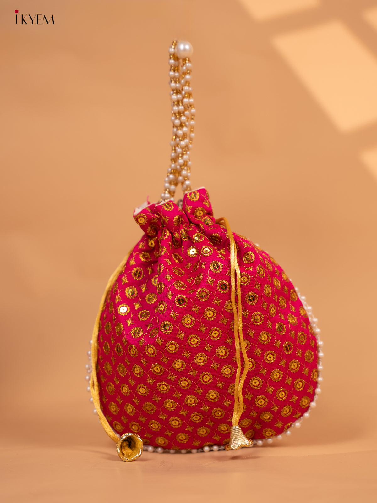 Potli bag with gold Zari work and Beaded Handle - KC29127