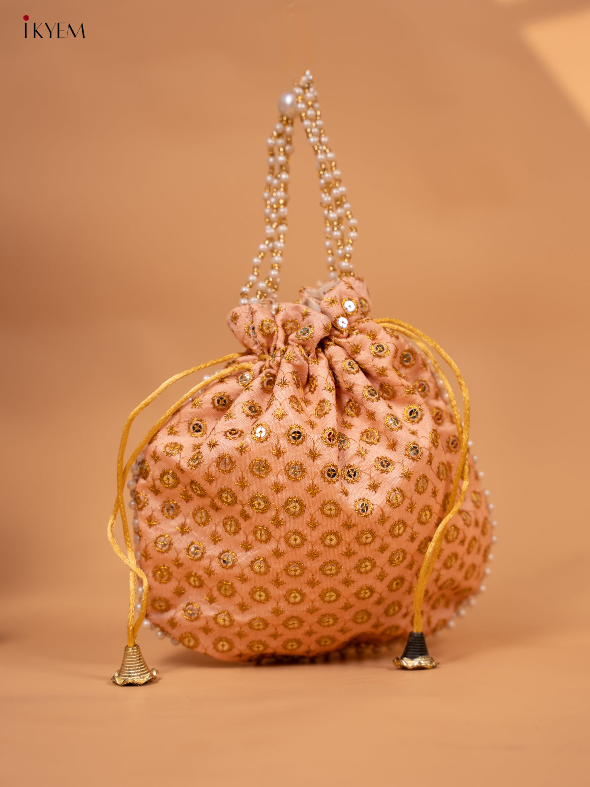 Potli bag with gold Zari work and Beaded Handle - KC29127