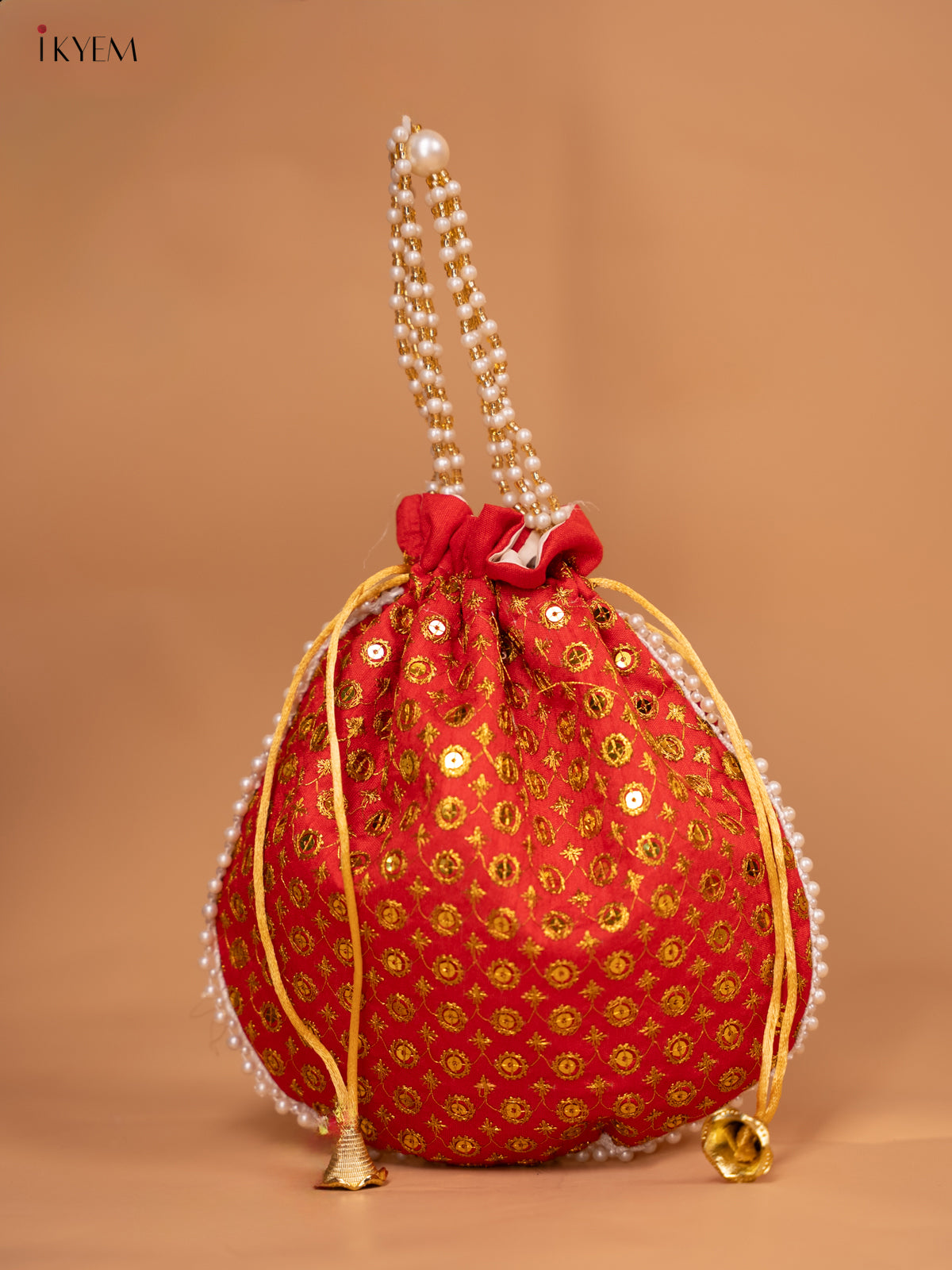 Potli bag with gold Zari work and Beaded Handle - KC29127