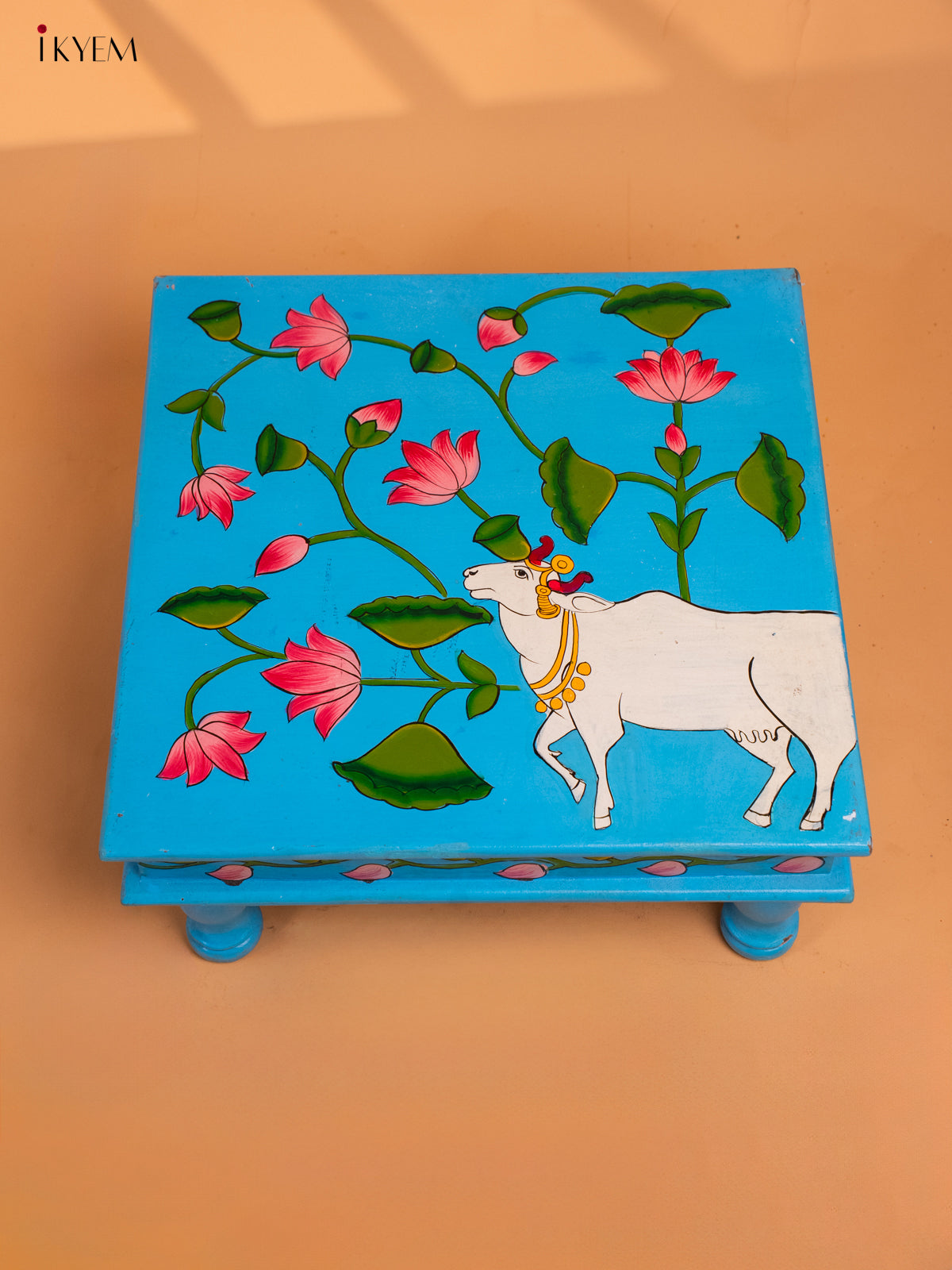 Wooden Hand painted Chowki - Cow (15×15)-KC29139