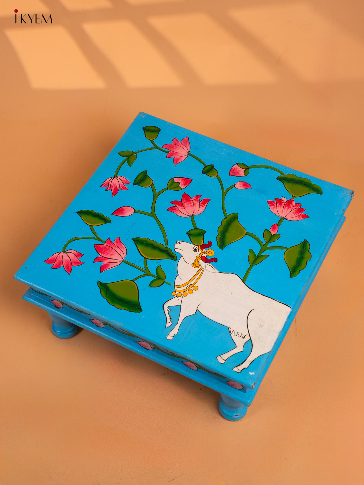 Wooden Hand painted Chowki - Cow (15×15)-KC29139