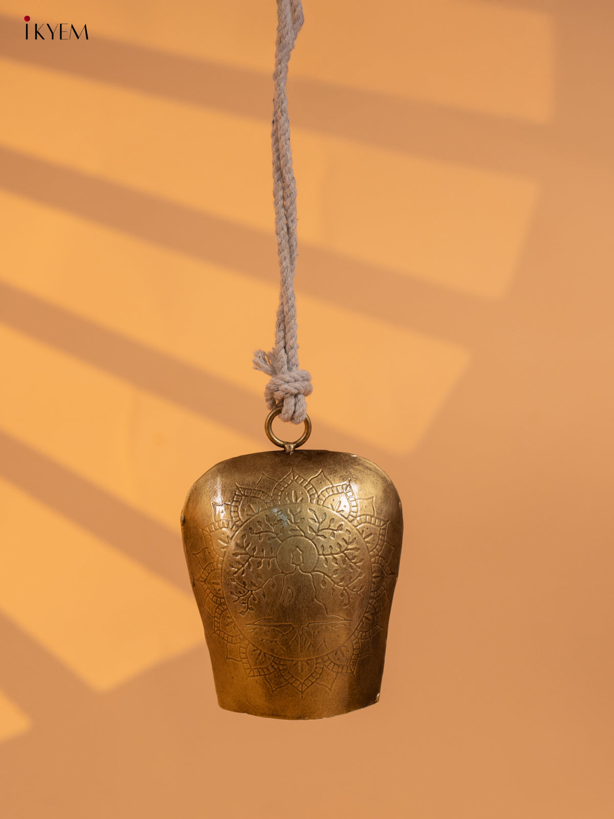 Metal Cow Bell with Buddha Engraving & Rope Handle - Small - KD01111