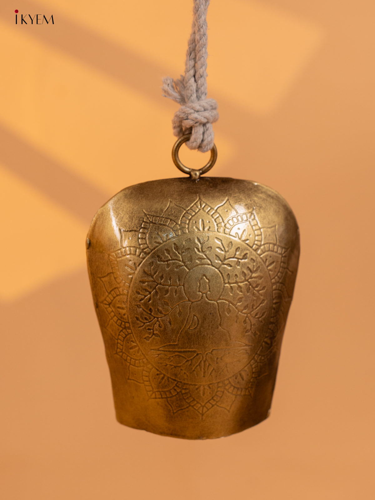 Metal Cow Bell with Buddha Engraving & Rope Handle - Small - KD01111