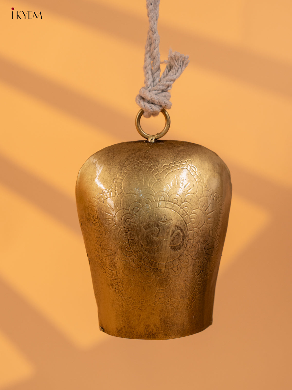 Metal Cow Bell with om Engraving & Rope Handle - Small - KD01112