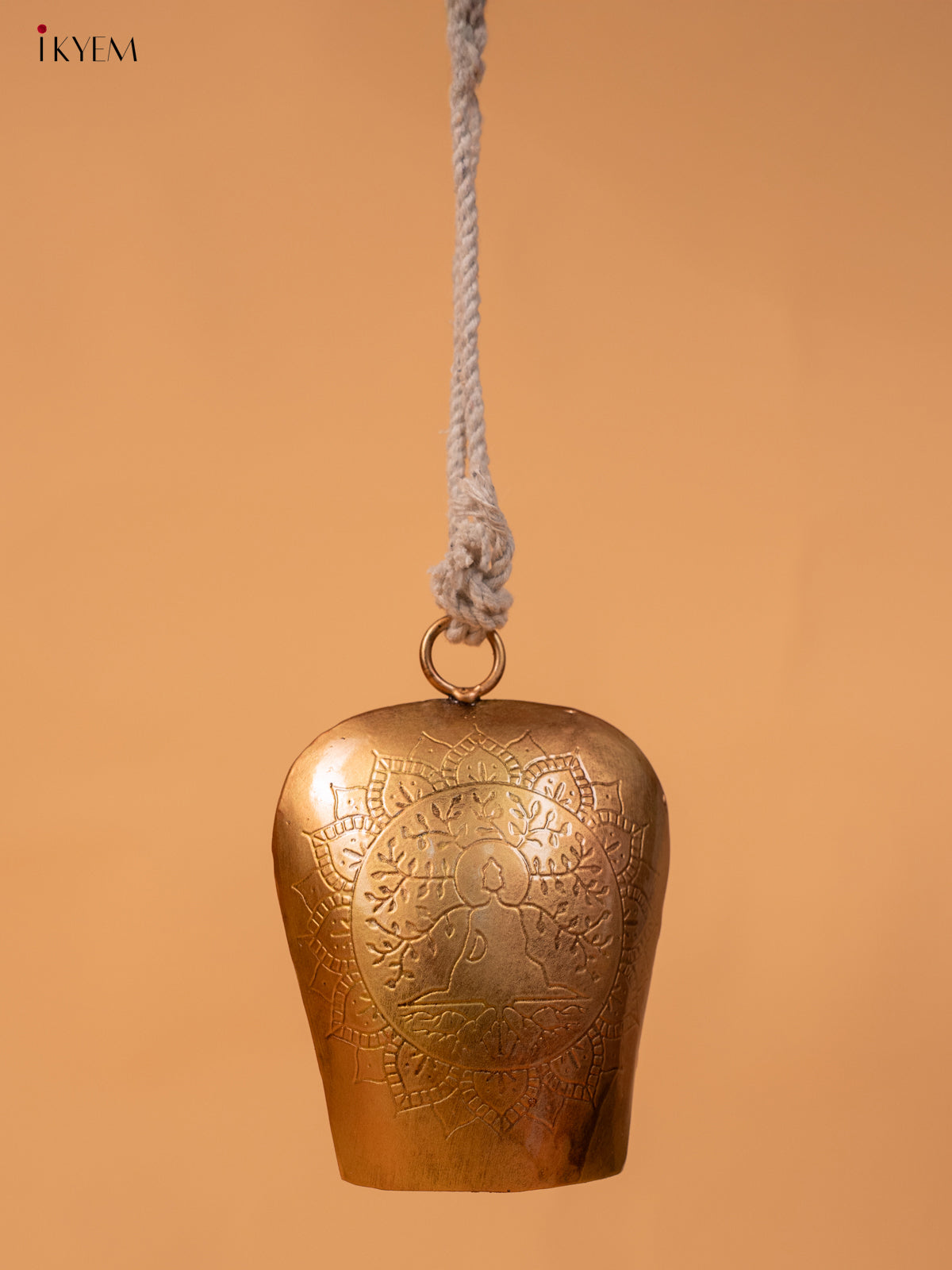 Metal Cow Bell with Buddha Engraving & Rope Handle - Copper - KD01113