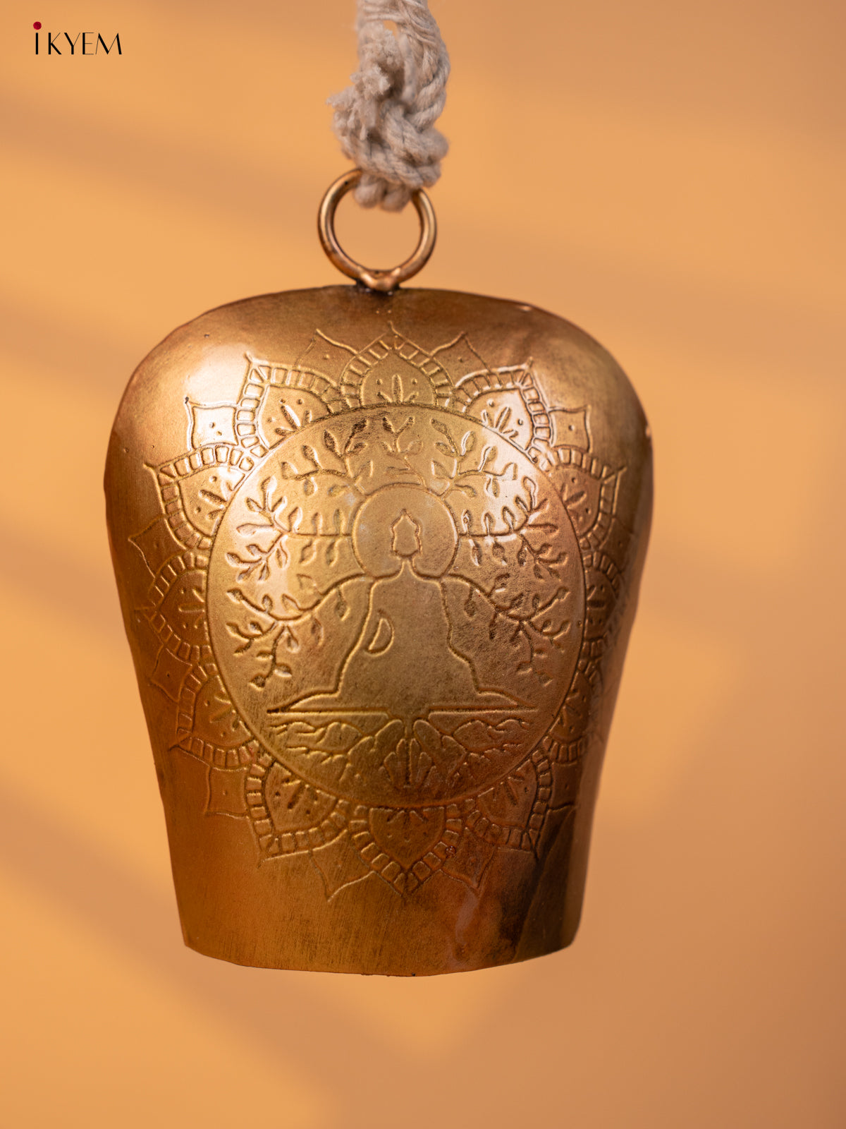 Metal Cow Bell with Buddha Engraving & Rope Handle - Copper - KD01113