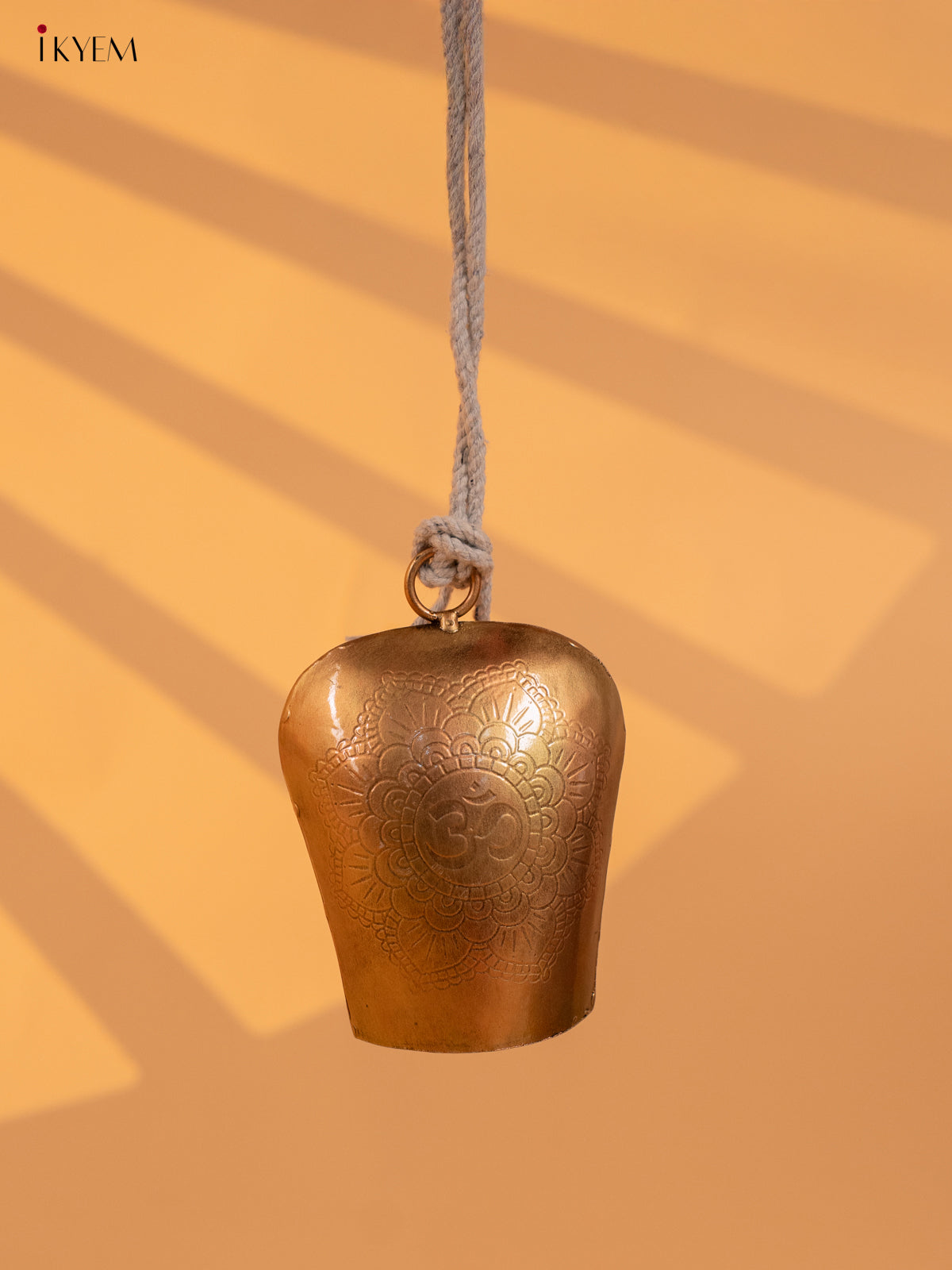 Metal Cow Bell with om Engraving & Rope Handle - Copper - KD01114