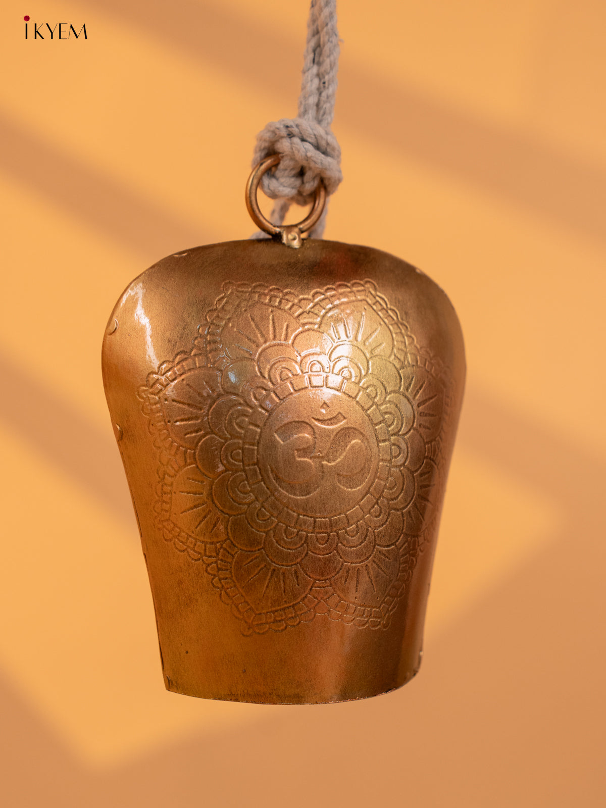 Metal Cow Bell with om Engraving & Rope Handle - Copper - KD01114