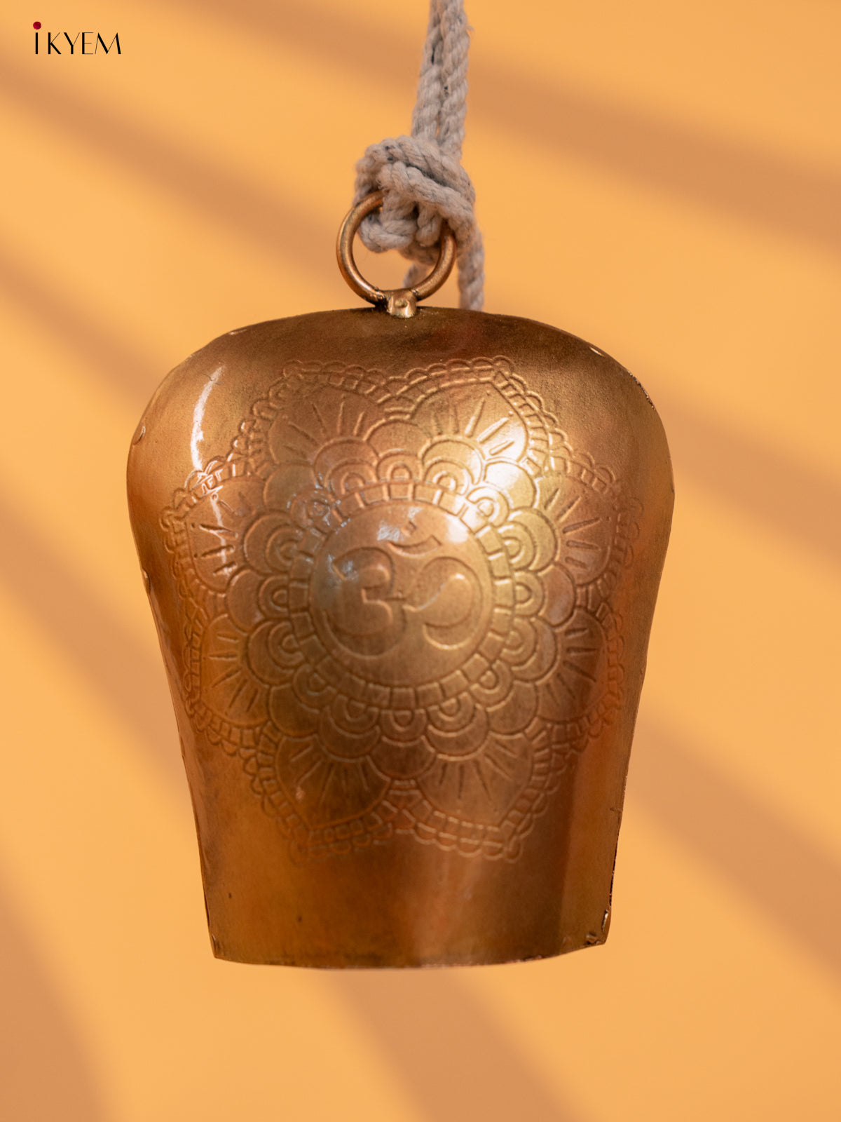 Metal Cow Bell with om Engraving & Rope Handle - Copper - KD01114