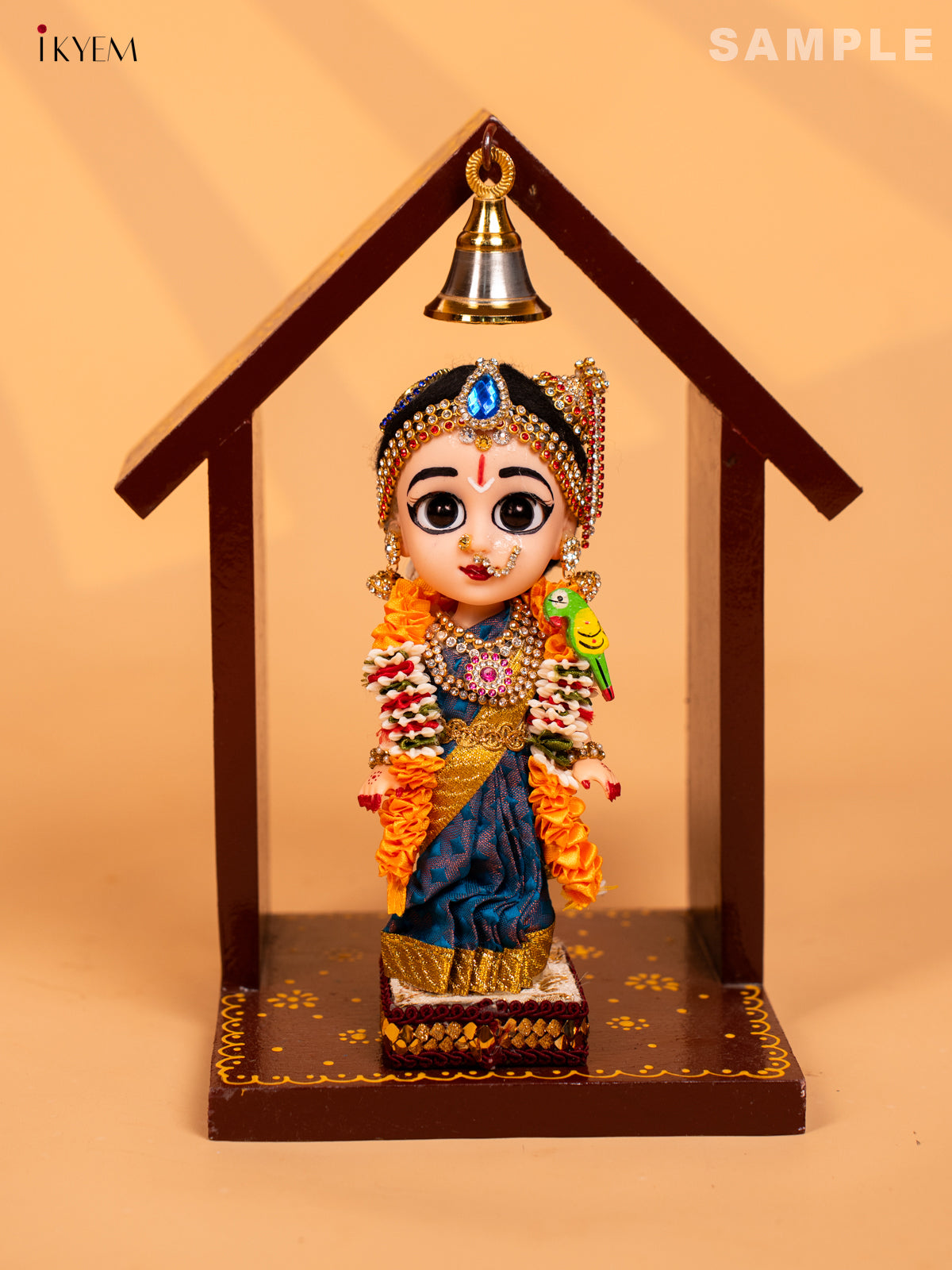 Wooden Hand Painted Vilakku Maadam with Bell - 11 Inch - Maroon - KD01130