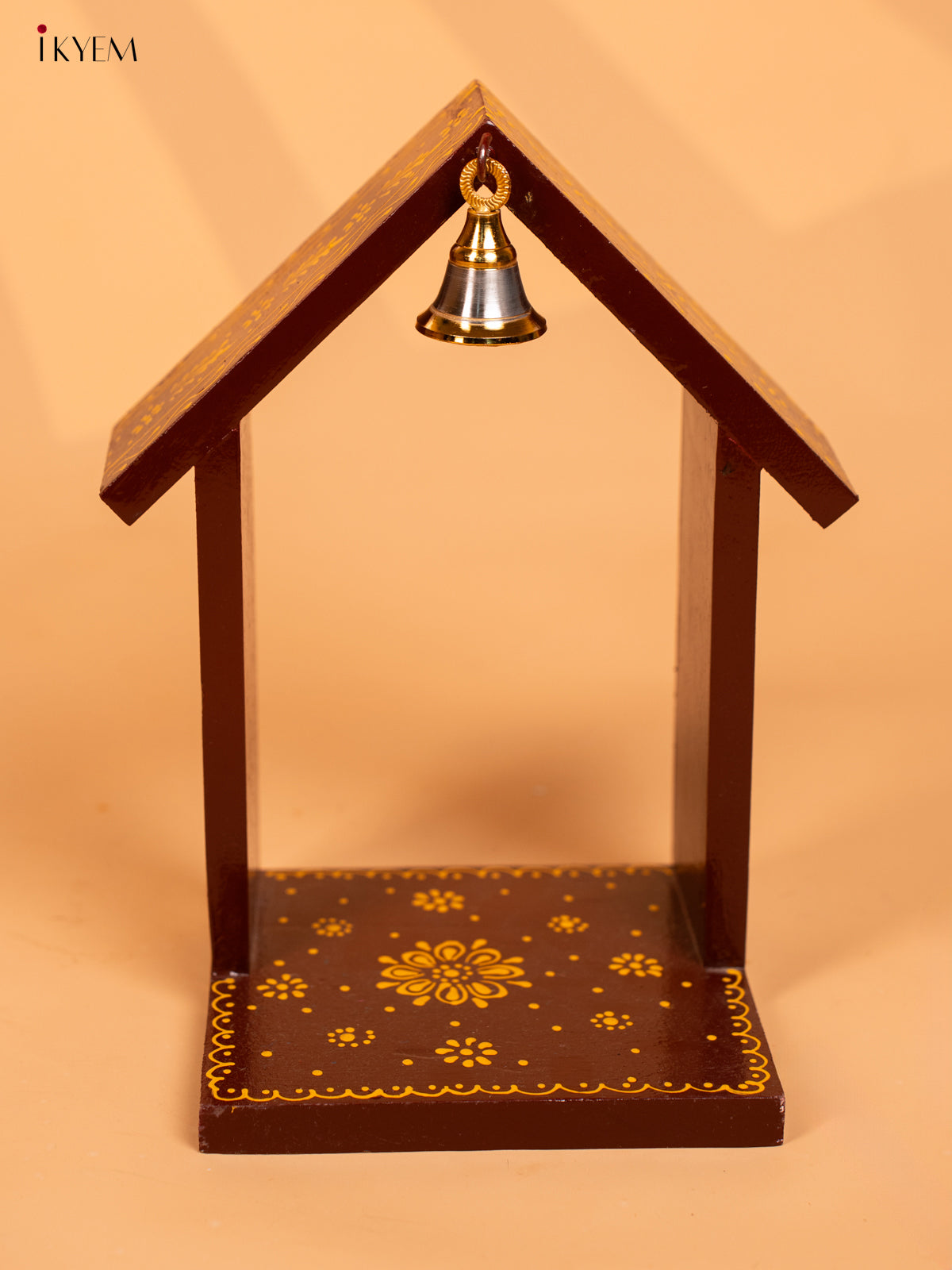 Wooden Hand Painted Vilakku Maadam with Bell - 11 Inch - Maroon - KD01130