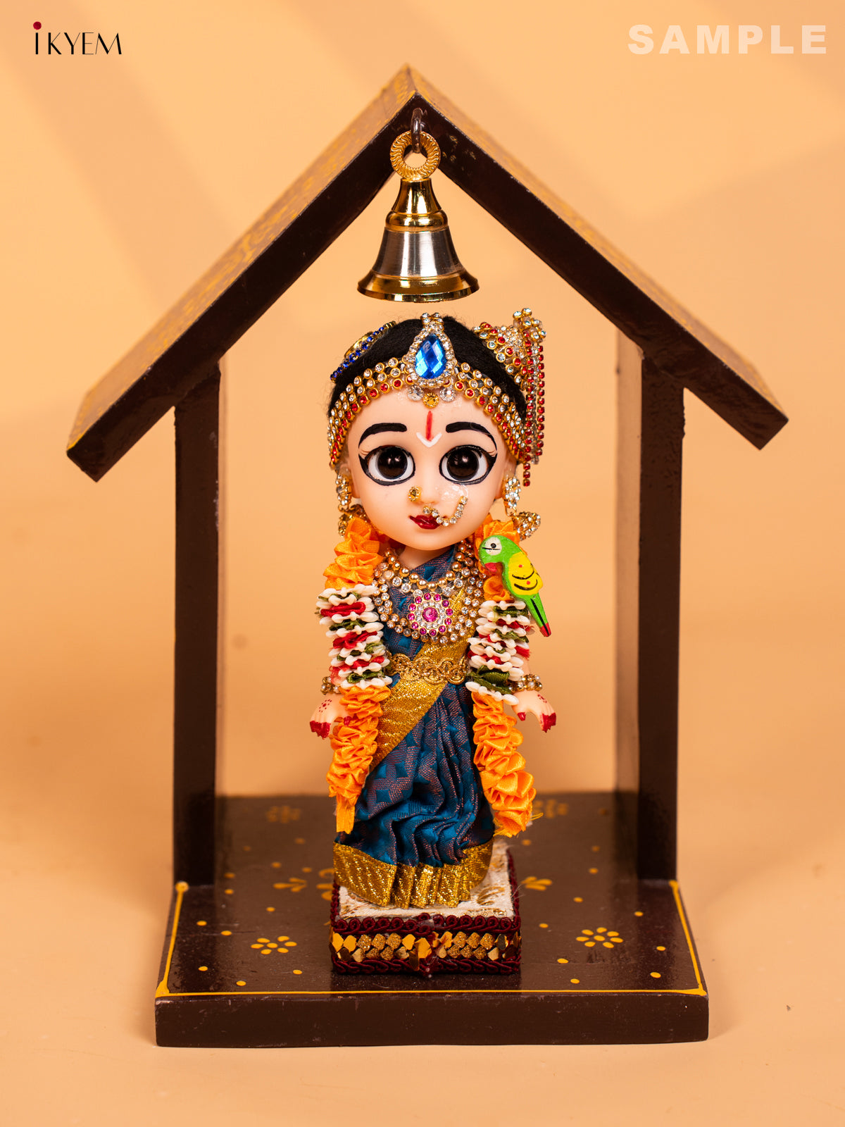 Wooden Hand Painted Vilakku Maadam with Bell - 8 Inch - Brown - KD01131
