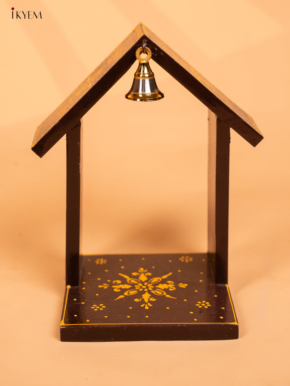 Wooden Hand Painted Vilakku Maadam with Bell - 8 Inch - Brown - KD01131