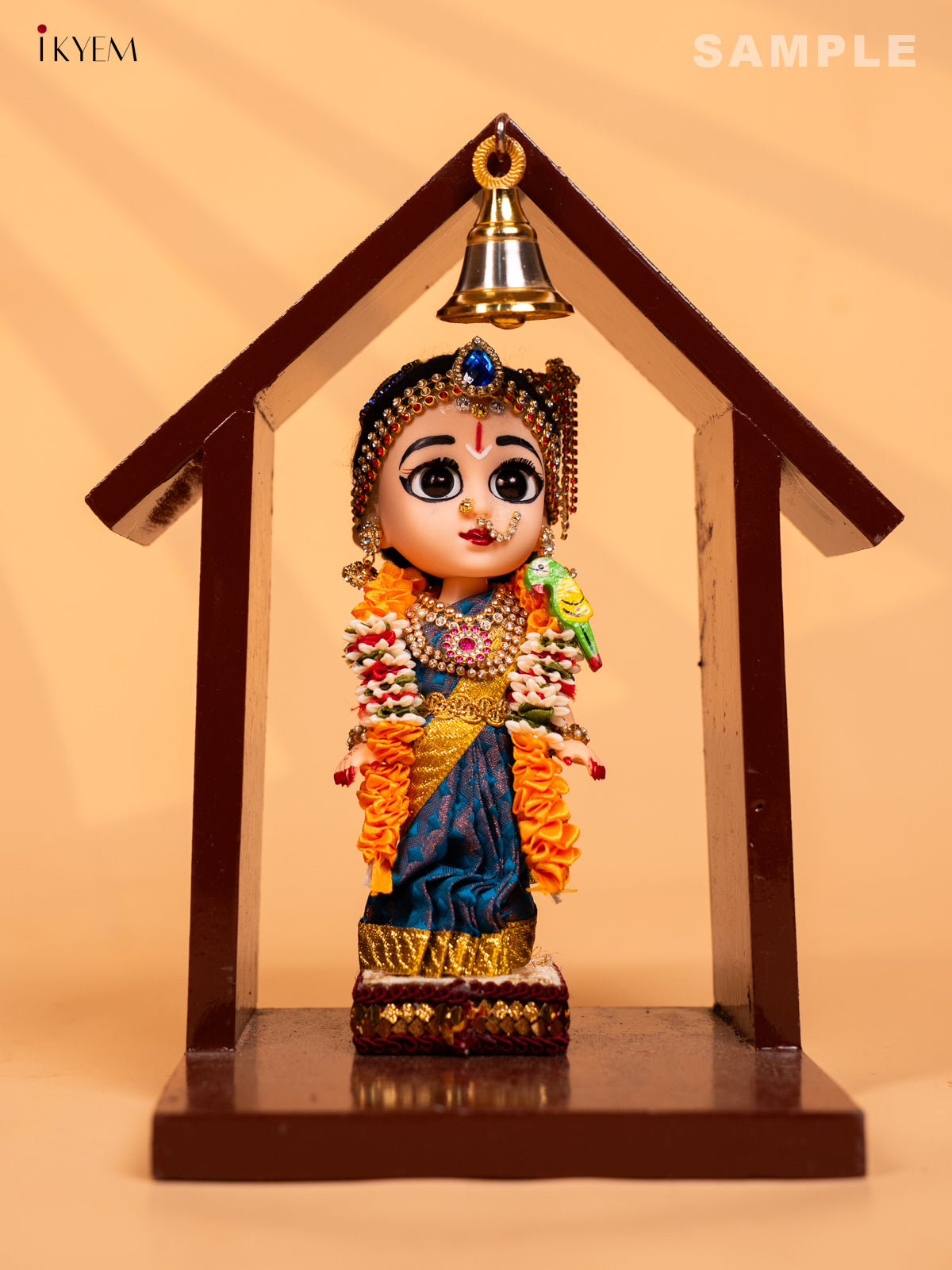 Wooden Vilakku Maadam with Bell - 8 Inch- Maroon - KD01132