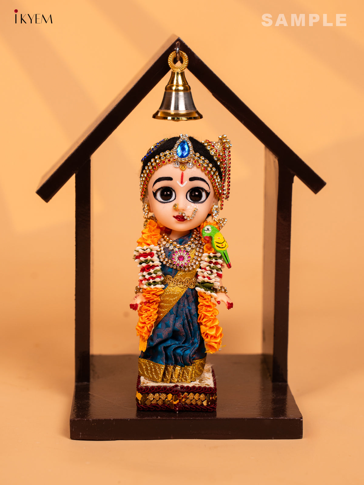 Wooden Vilakku Maadam with Bell - 8 Inch - Brown - KD01133