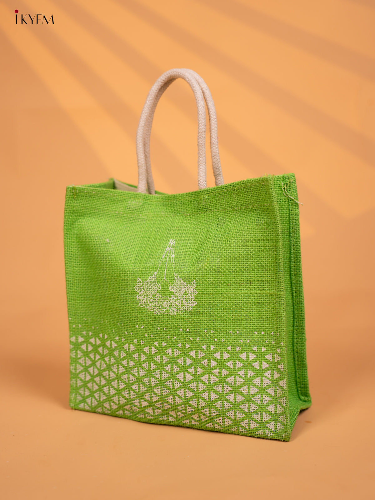 Green & White Jute Bags with Geometric Prints & Velcro Closure - KD04130