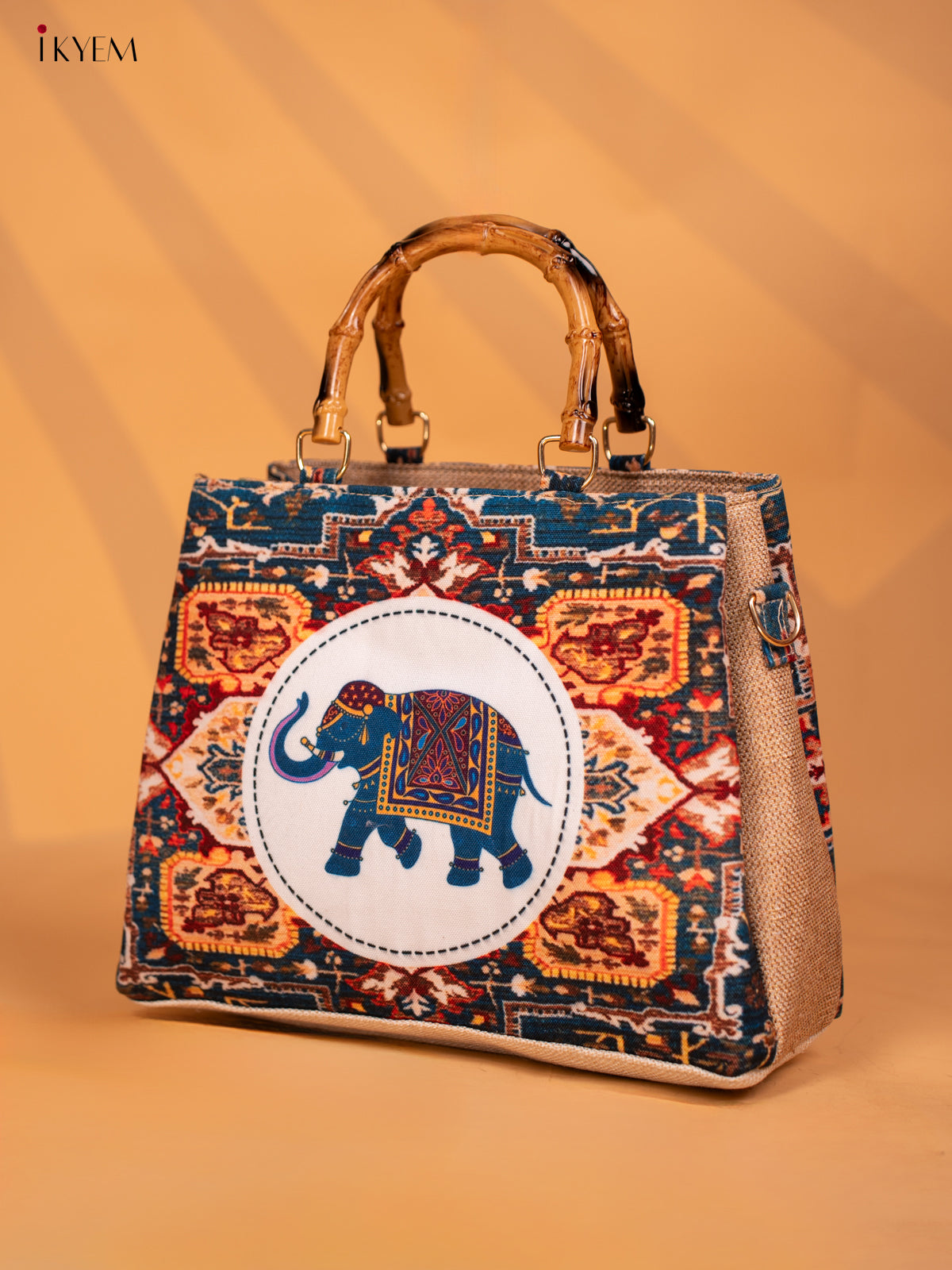Jacquard Printed Elephant Handbag Single Hand Wooden Handle Handbag - Green - KD05113