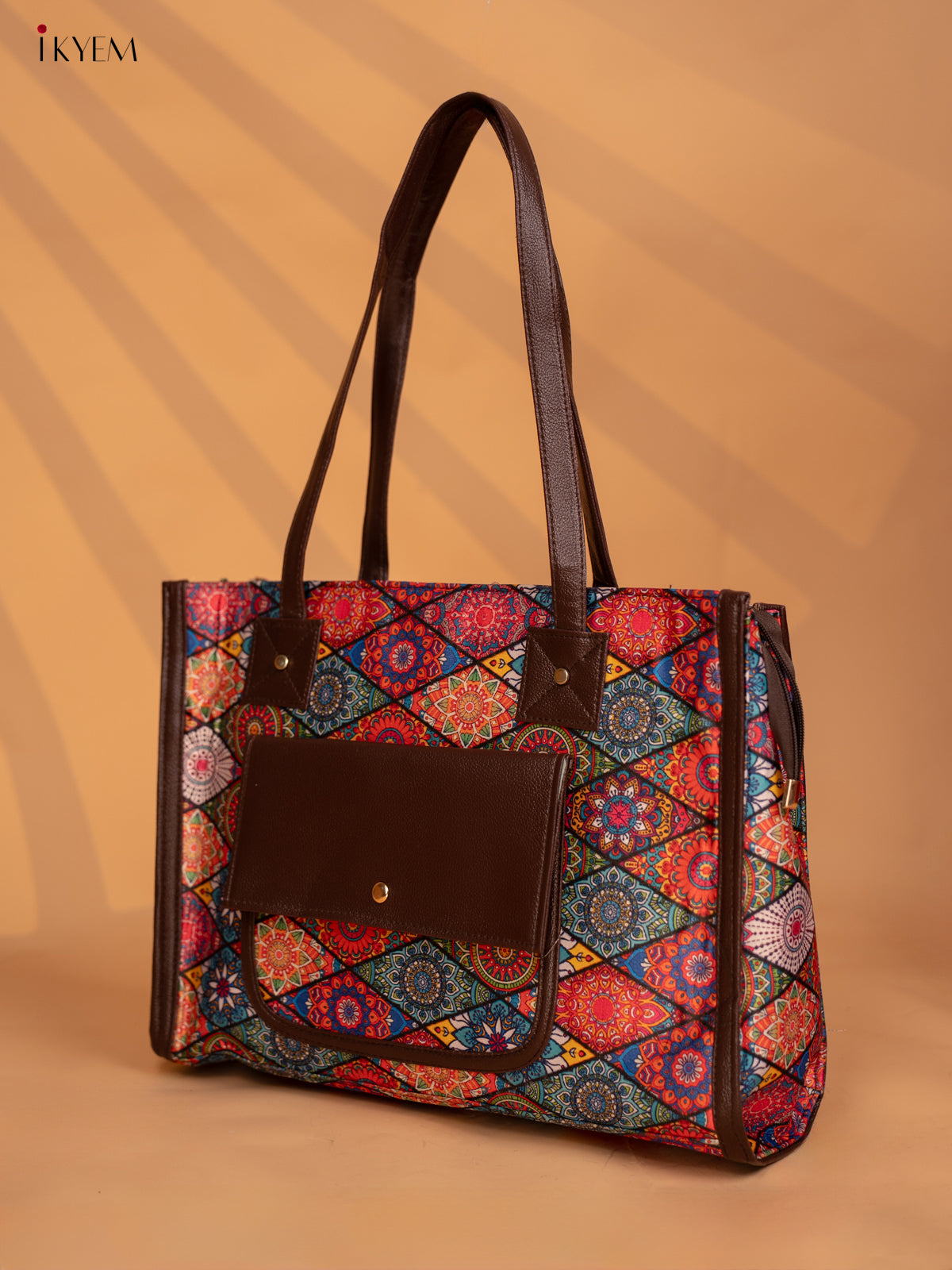 Printed Geometric Design Leather Sling and Laptop Bag - Multi Colour - KD05120