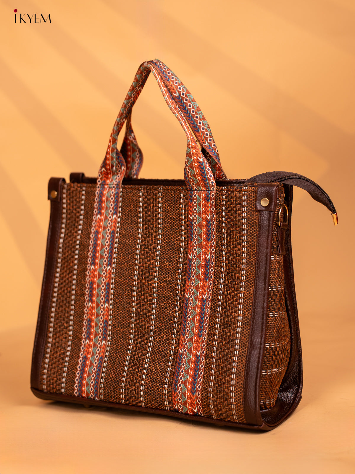 Jacquard Handbag Leather sling with Printed Sling - Coffee Brown - KD05123