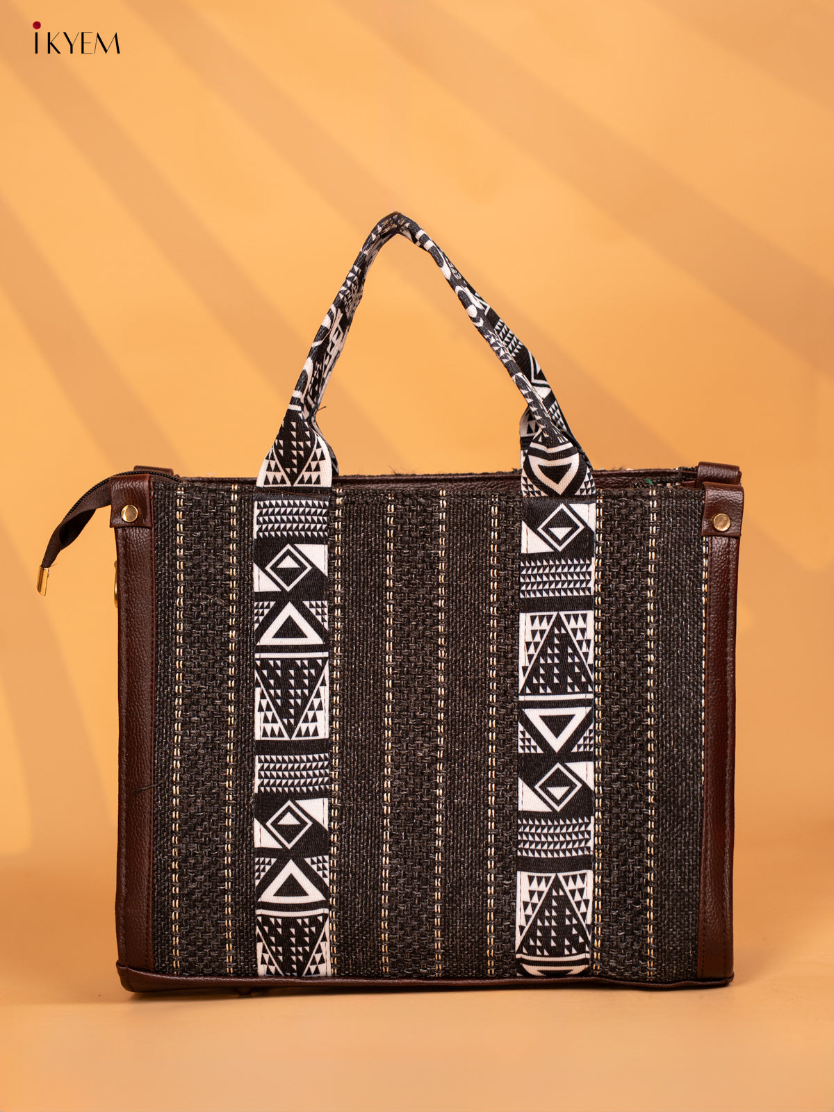 Jacquard Handbag Leather sling with Geometric Printed Sling - Black with White - KD05124