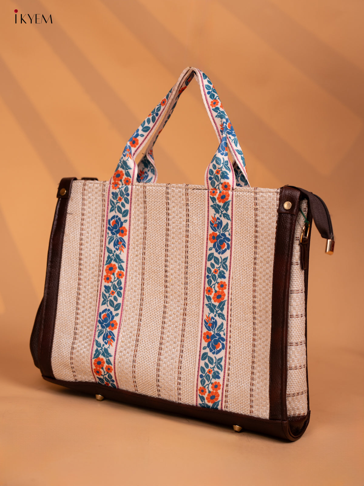 Jacquard Handbag Leather sling with Floral Printed Sling - Cream - KD05128
