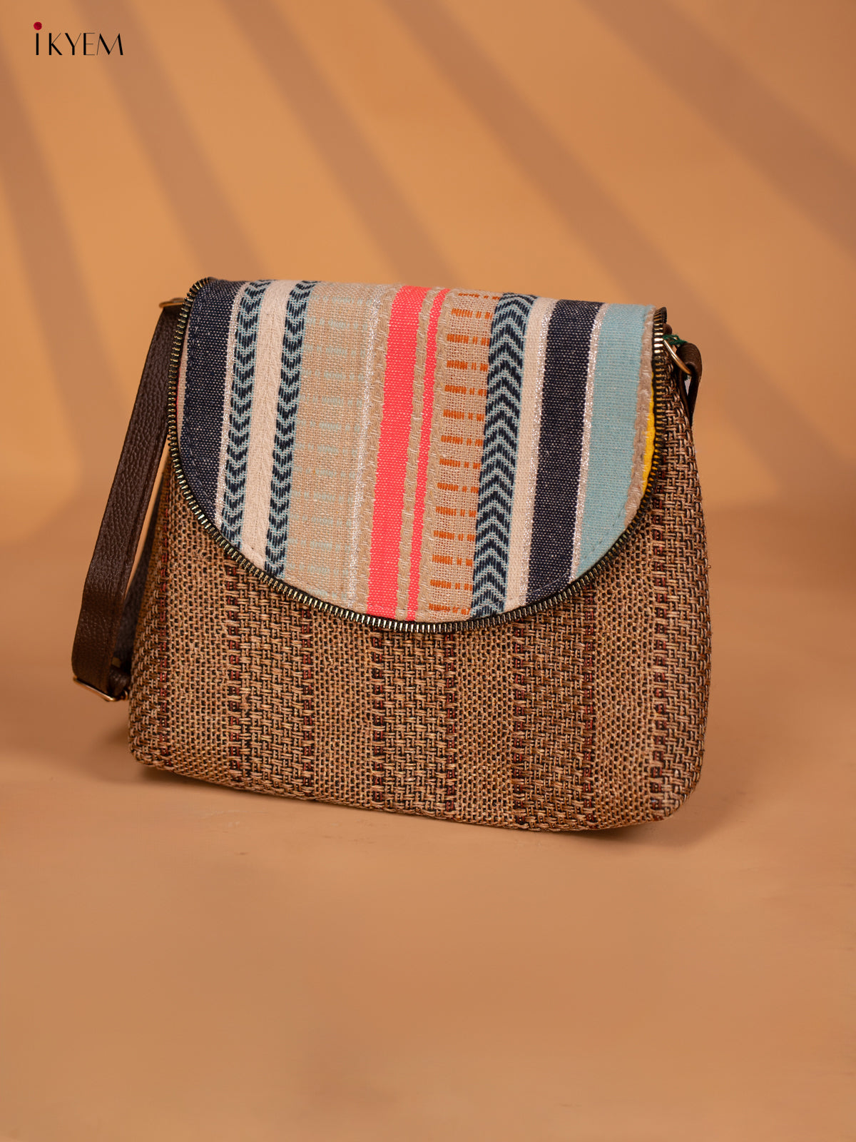 Jacquard Leather Sling Bag with Printed Flap - Brown - KD05139