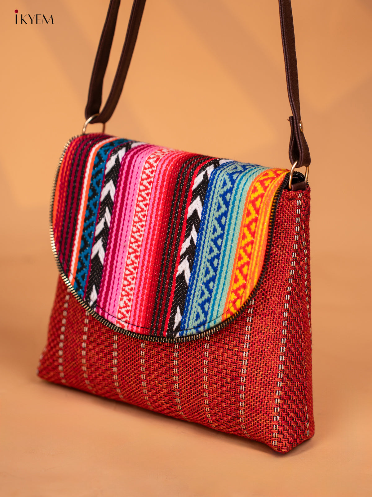 Jacquard Leather Sling Bag with Printed Flap -Maroon - KD05141
