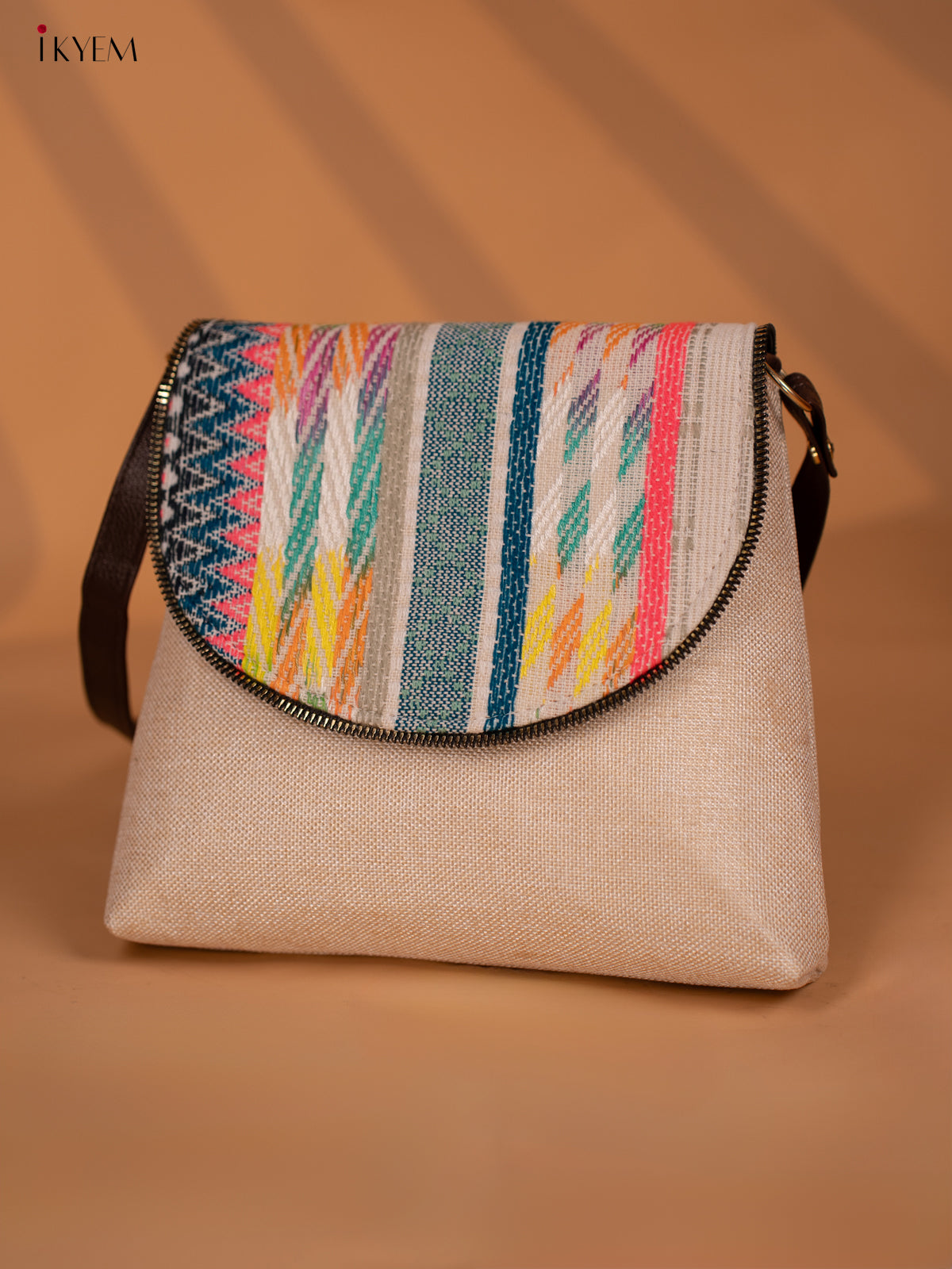 Jacquard Leather Sling Bag with Printed Flap -Off White - KD05143
