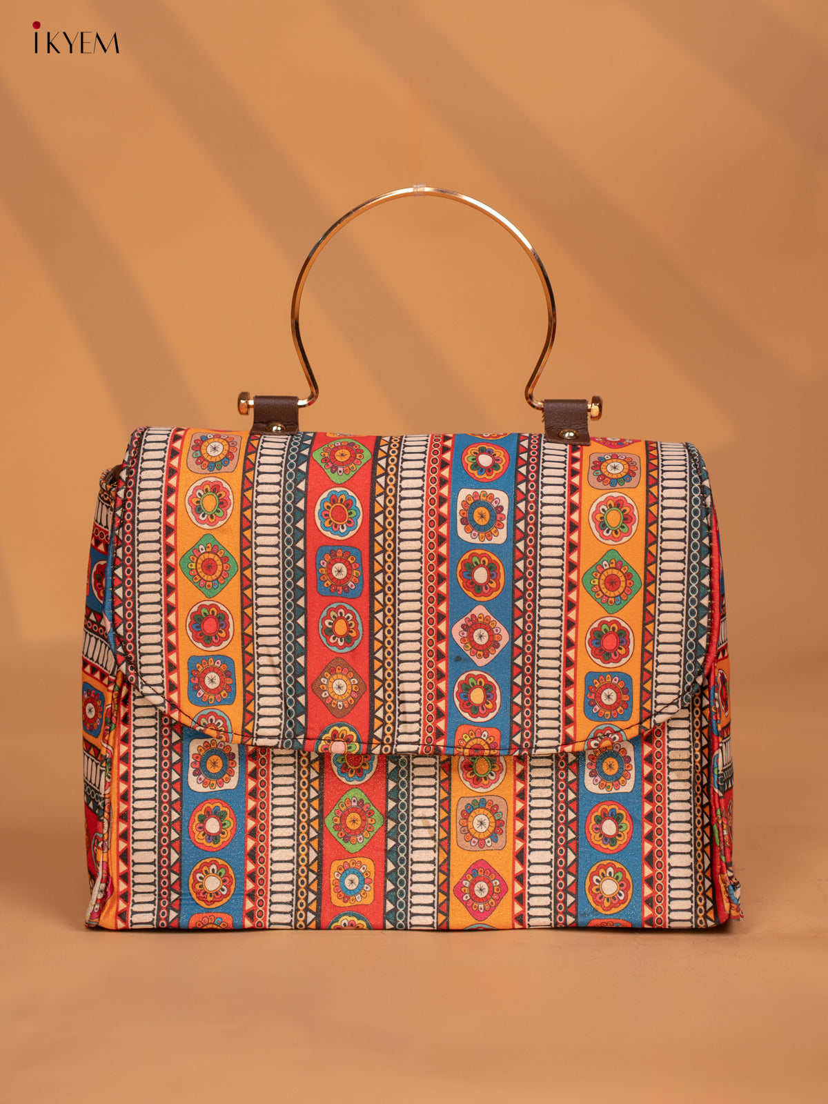 Printed Mandala Art Metal Handle with leather Sling Bag - Multi Colour - KD05145