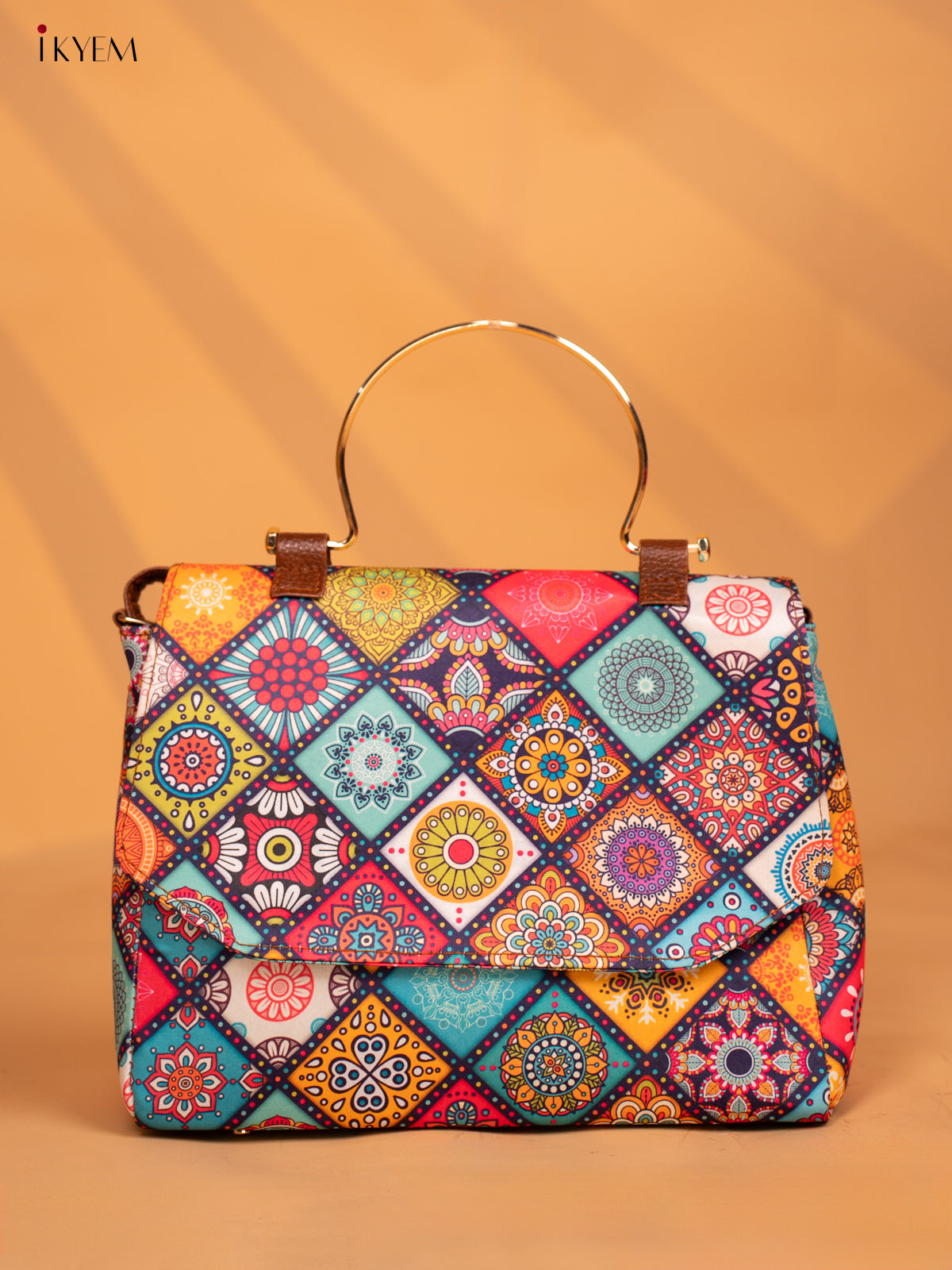 Printed Mandala Art Metal Handle with Leather Sling Bag Multi