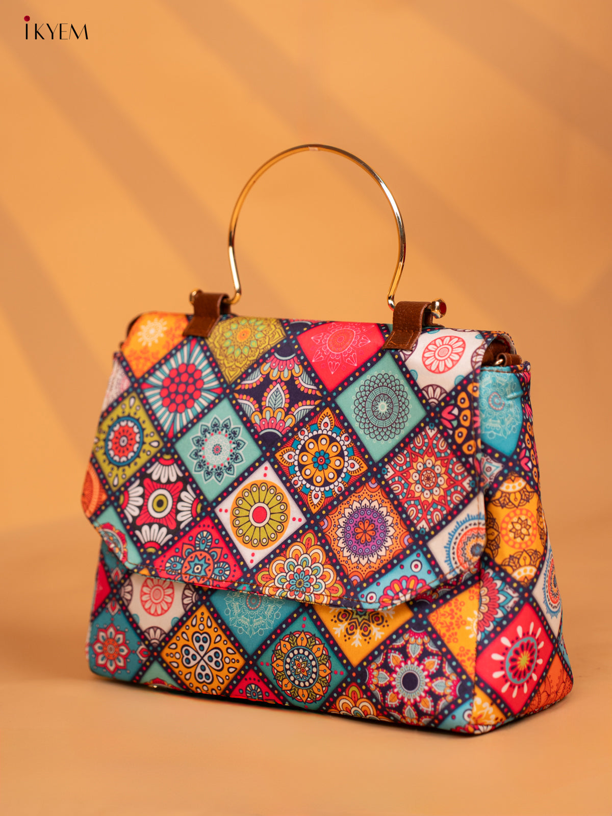 Printed Mandala Art Metal Handle with Leather Sling Bag - Multi Colour - KD05146